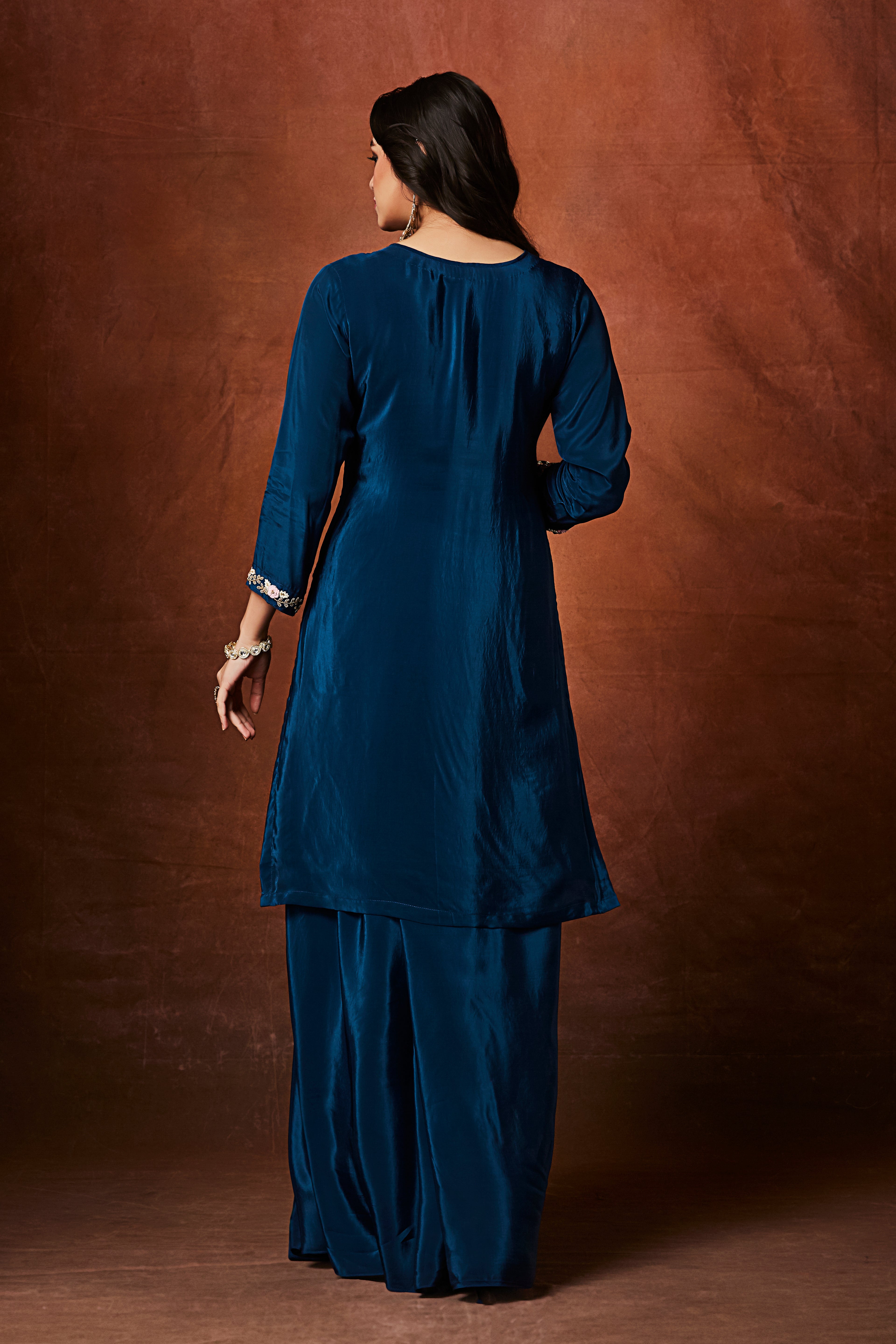 Rich Blue Embellished Crepe Silk Skirt Set