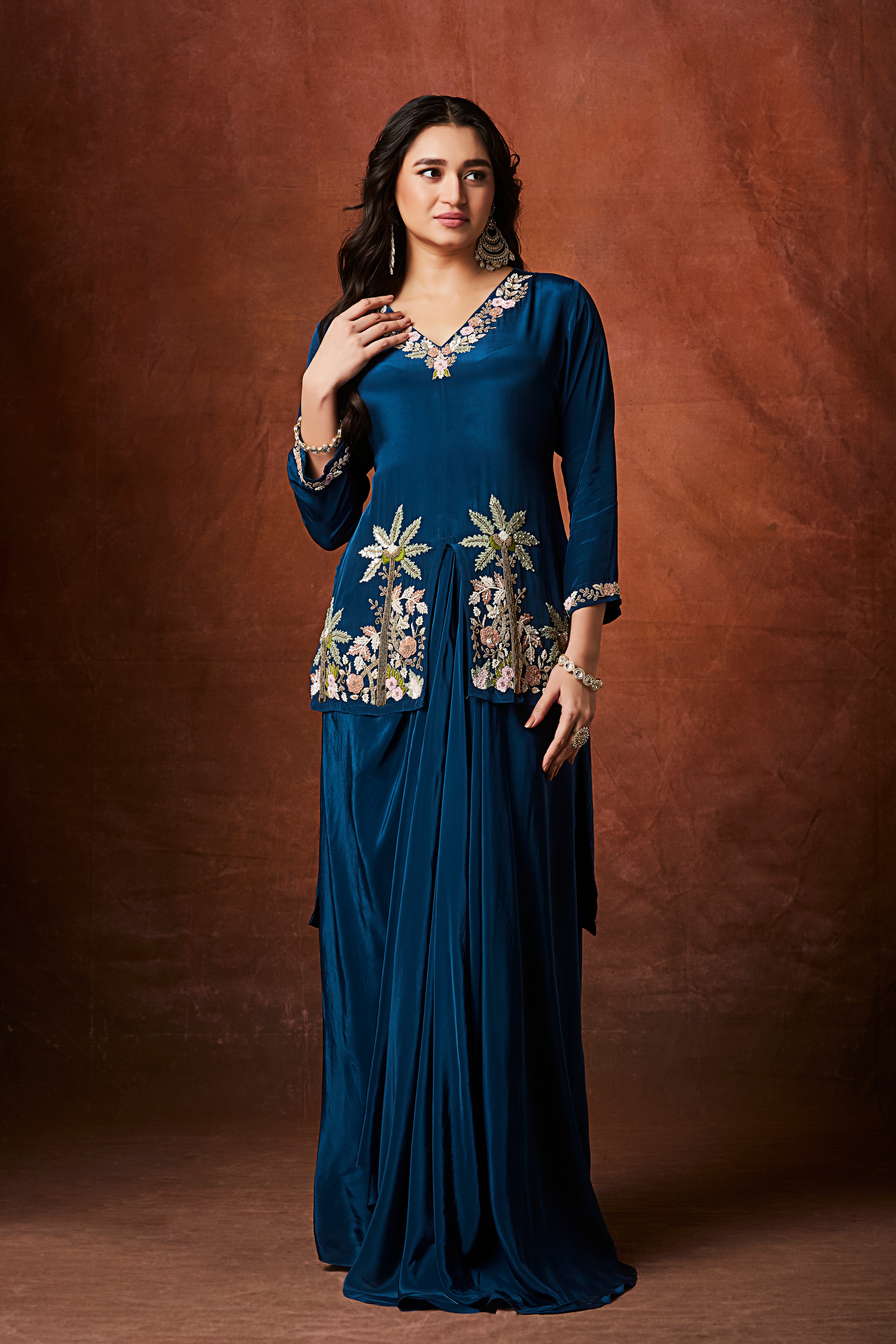 Rich Blue Embellished Crepe Silk Skirt Set