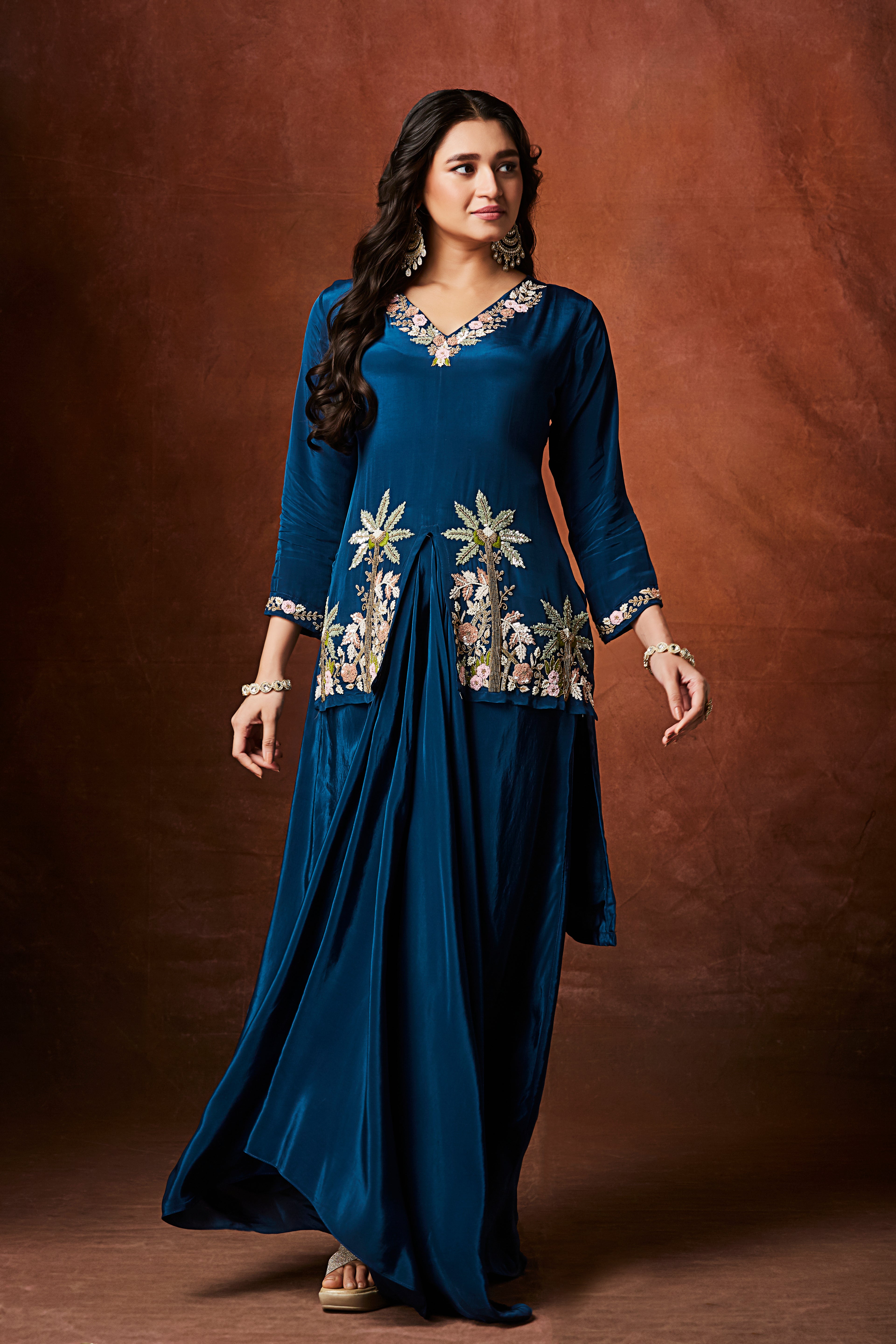 Rich Blue Embellished Crepe Silk Skirt Set