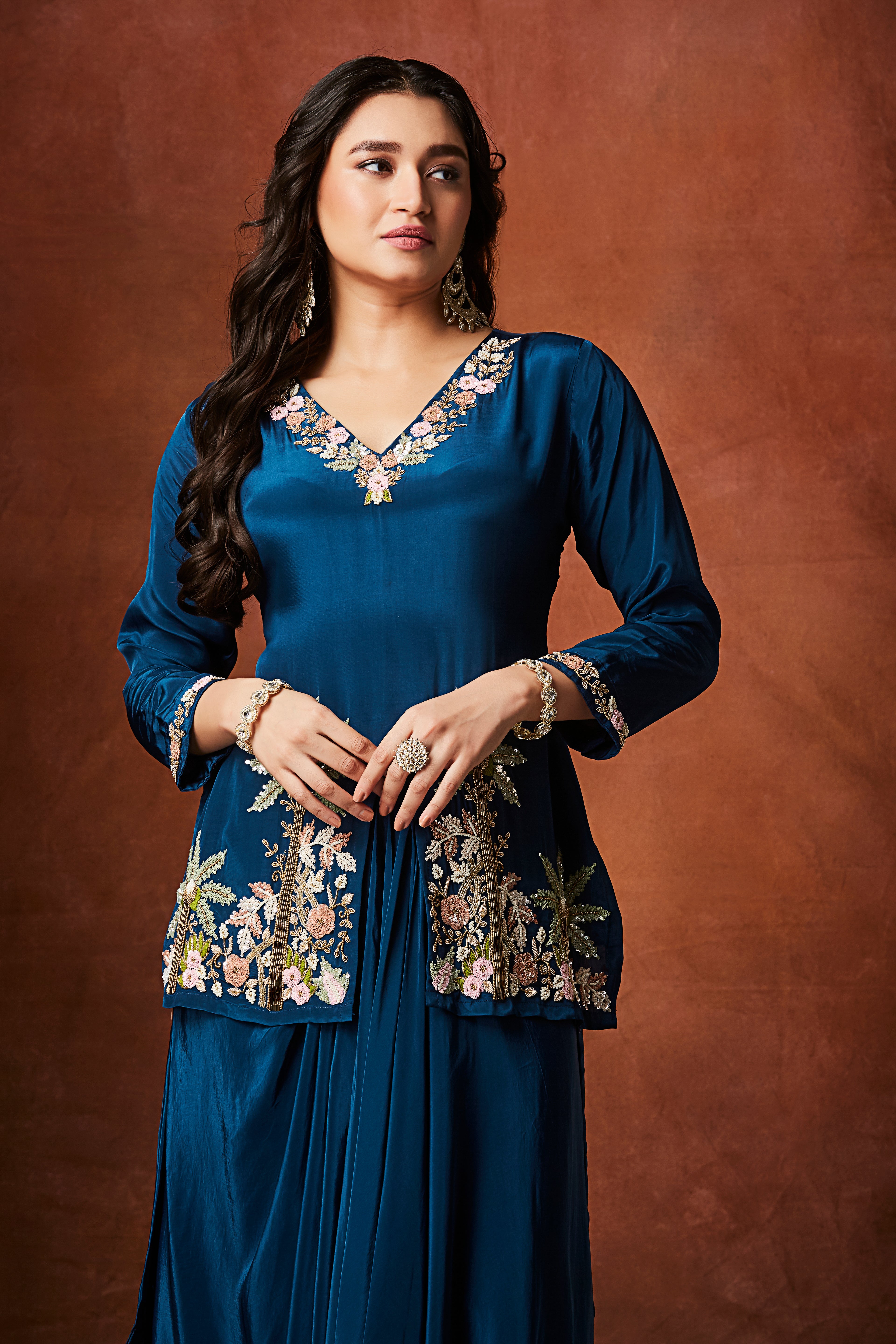 Rich Blue Embellished Crepe Silk Skirt Set