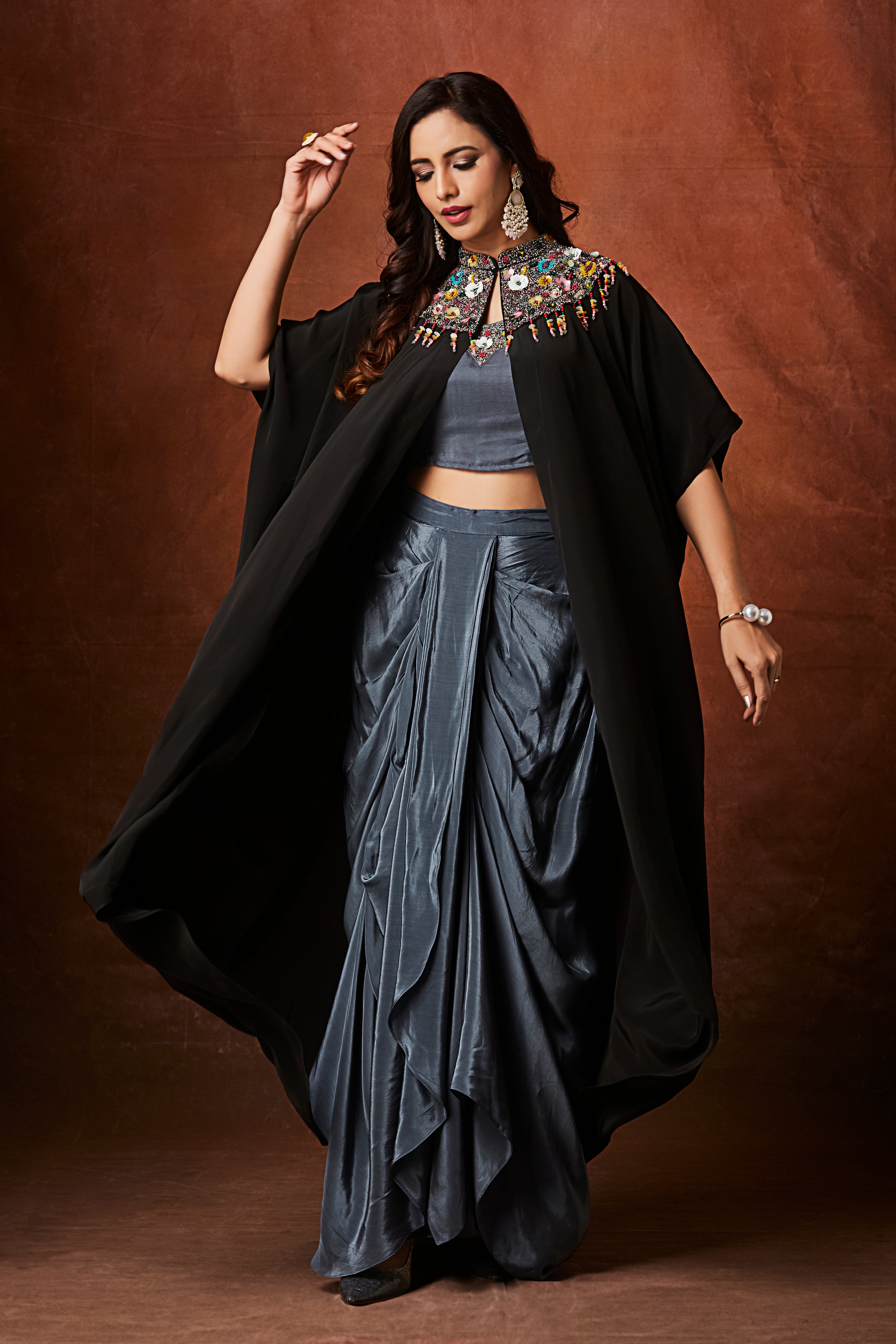 Slate Grey Embellished Crepe Silk Skirt Set