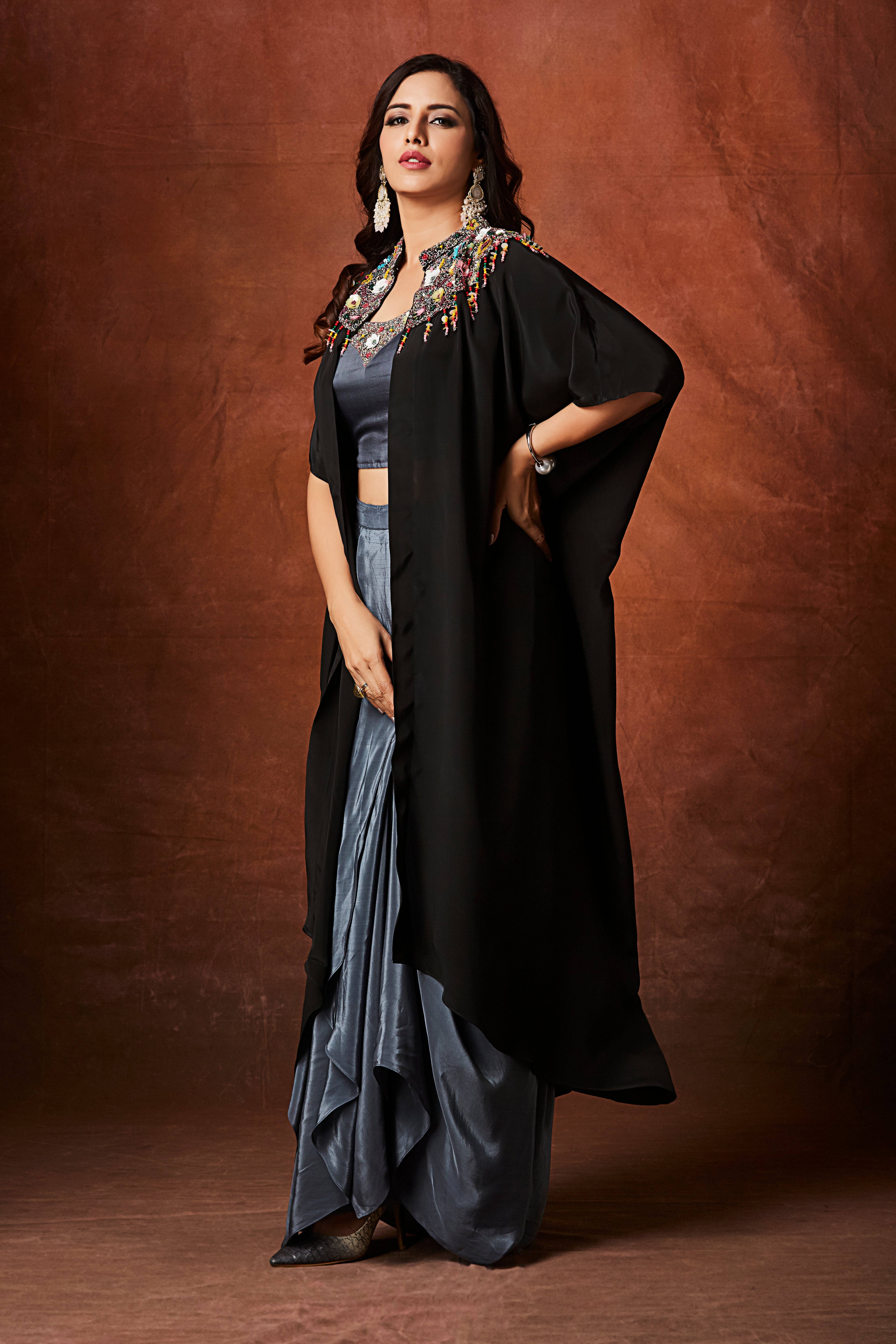 Slate Grey Embellished Crepe Silk Skirt Set