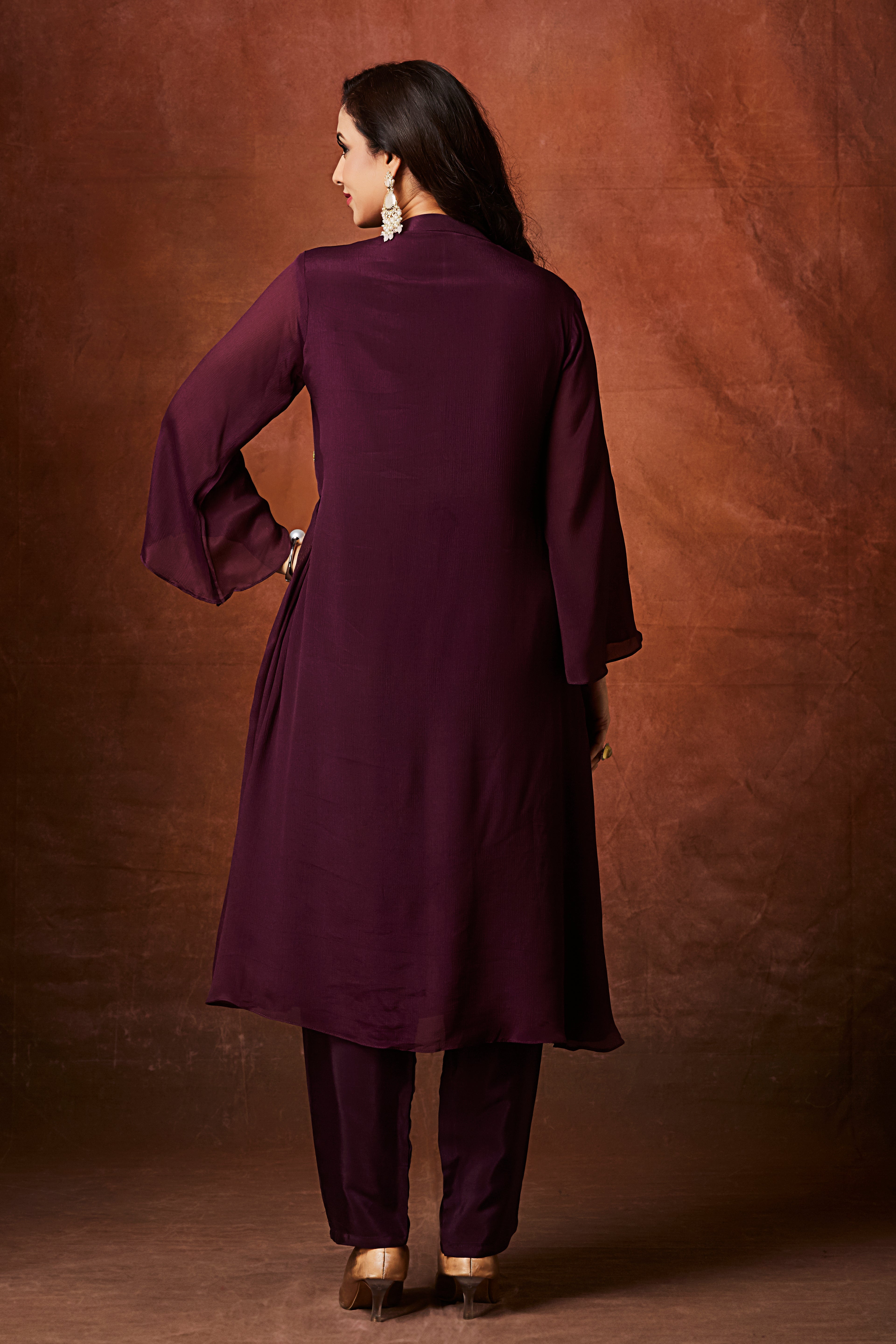 Deep Wine Embellished Chinon Silk Anarkali Set
