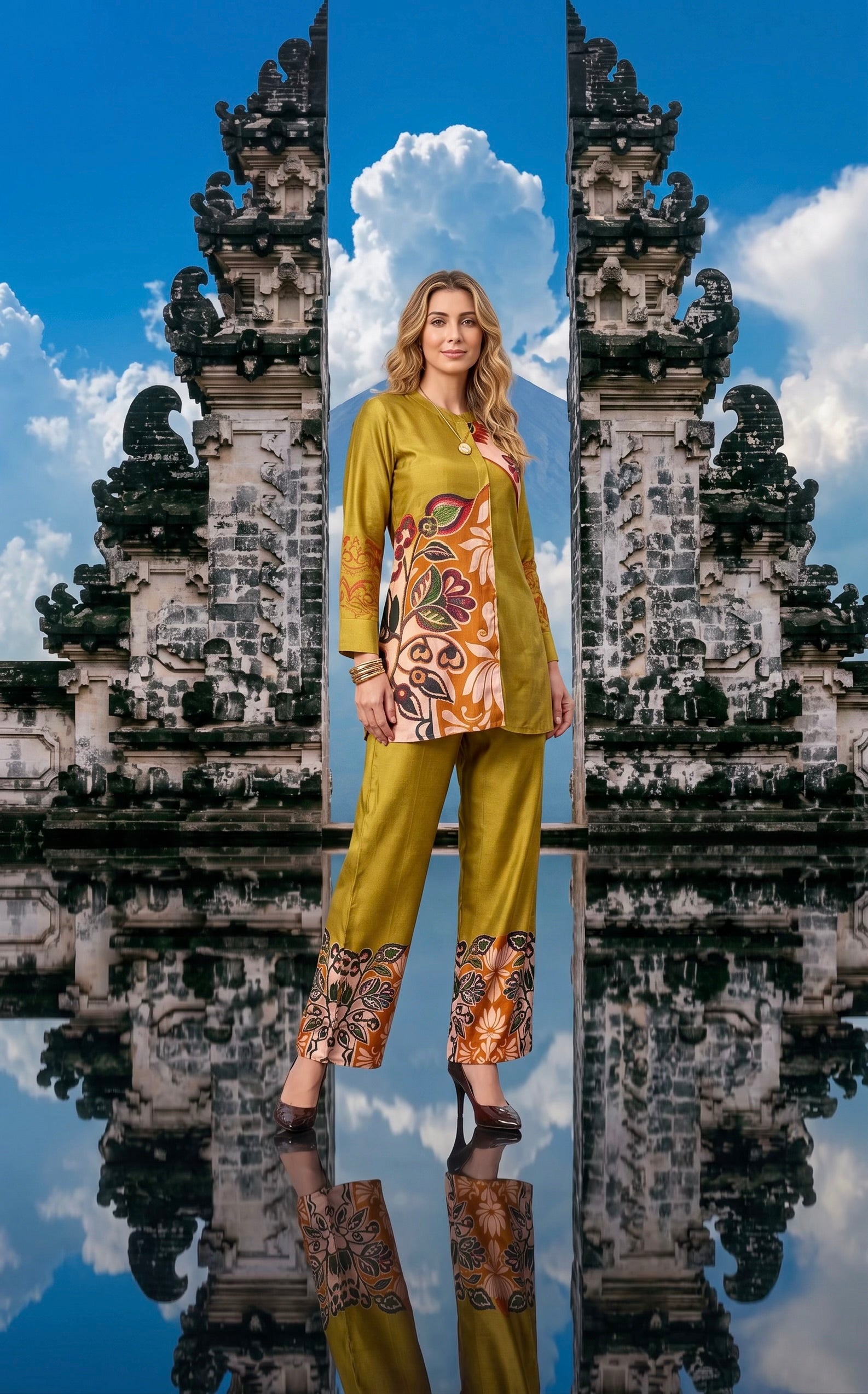 Golden Olive Botanical Printed Satin Silk Co-ord Set