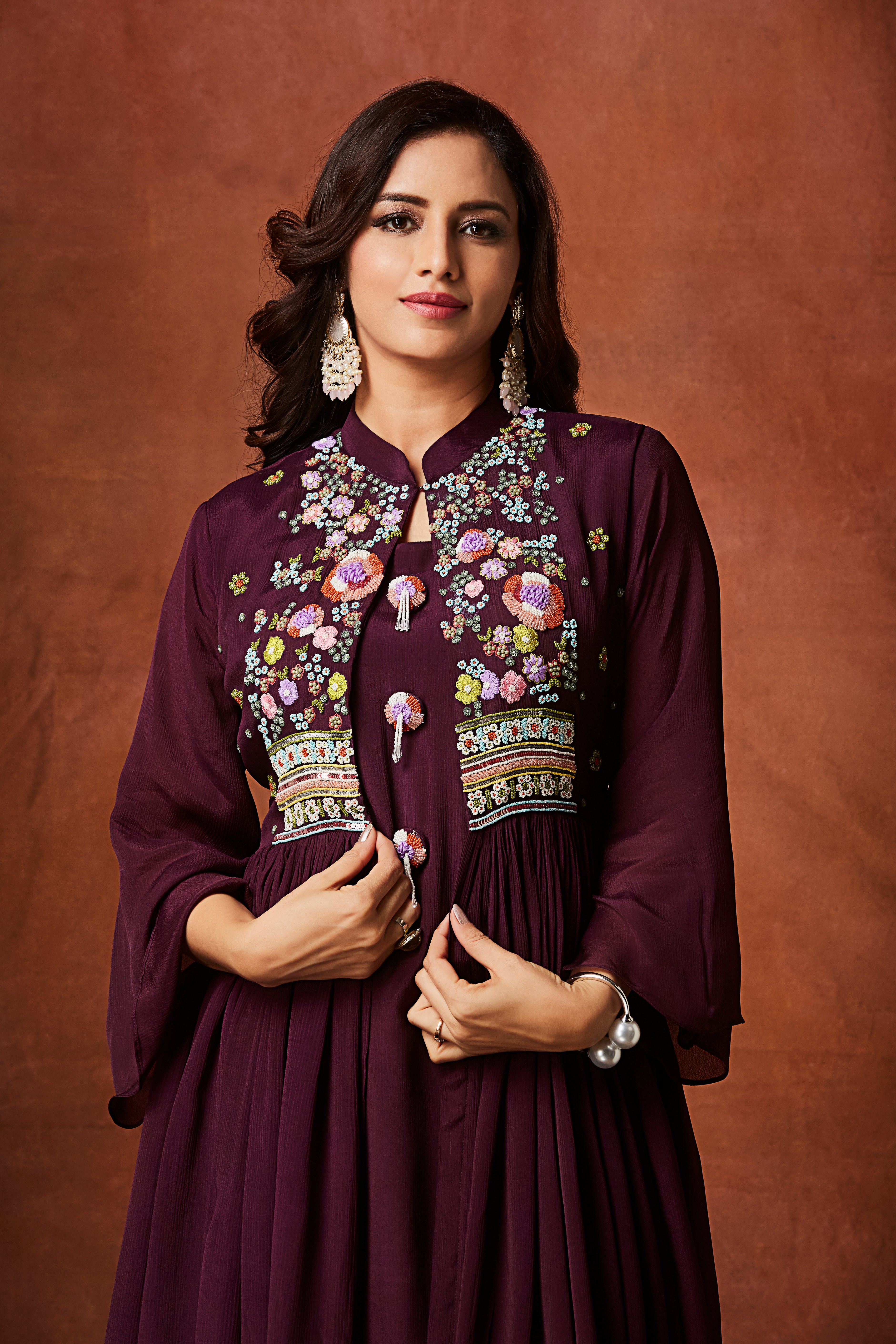 Deep Wine Embellished Chinon Silk Anarkali Set