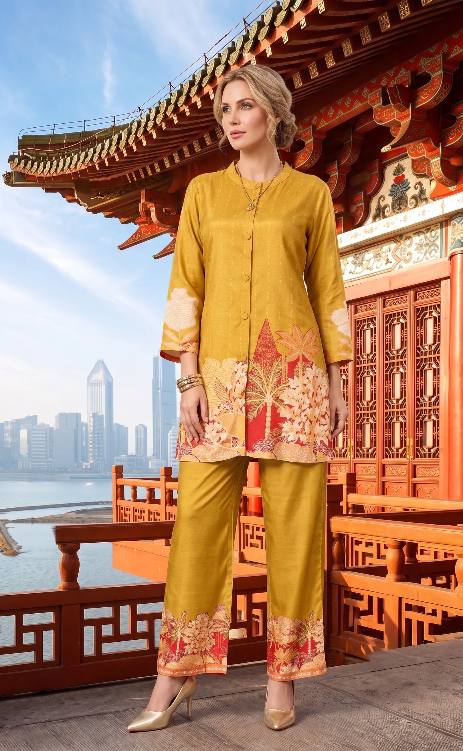 Mustard Tropical Oasis Printed Satin Silk Co-ord Set