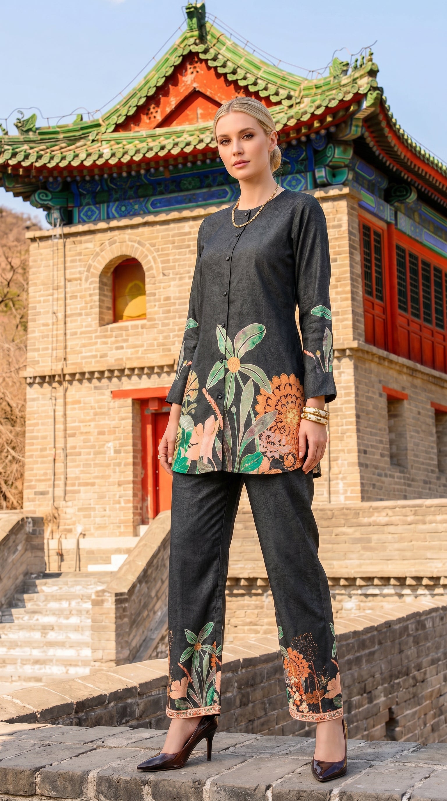 Charcoal Bloom Printed Satin Silk Co-ord Set