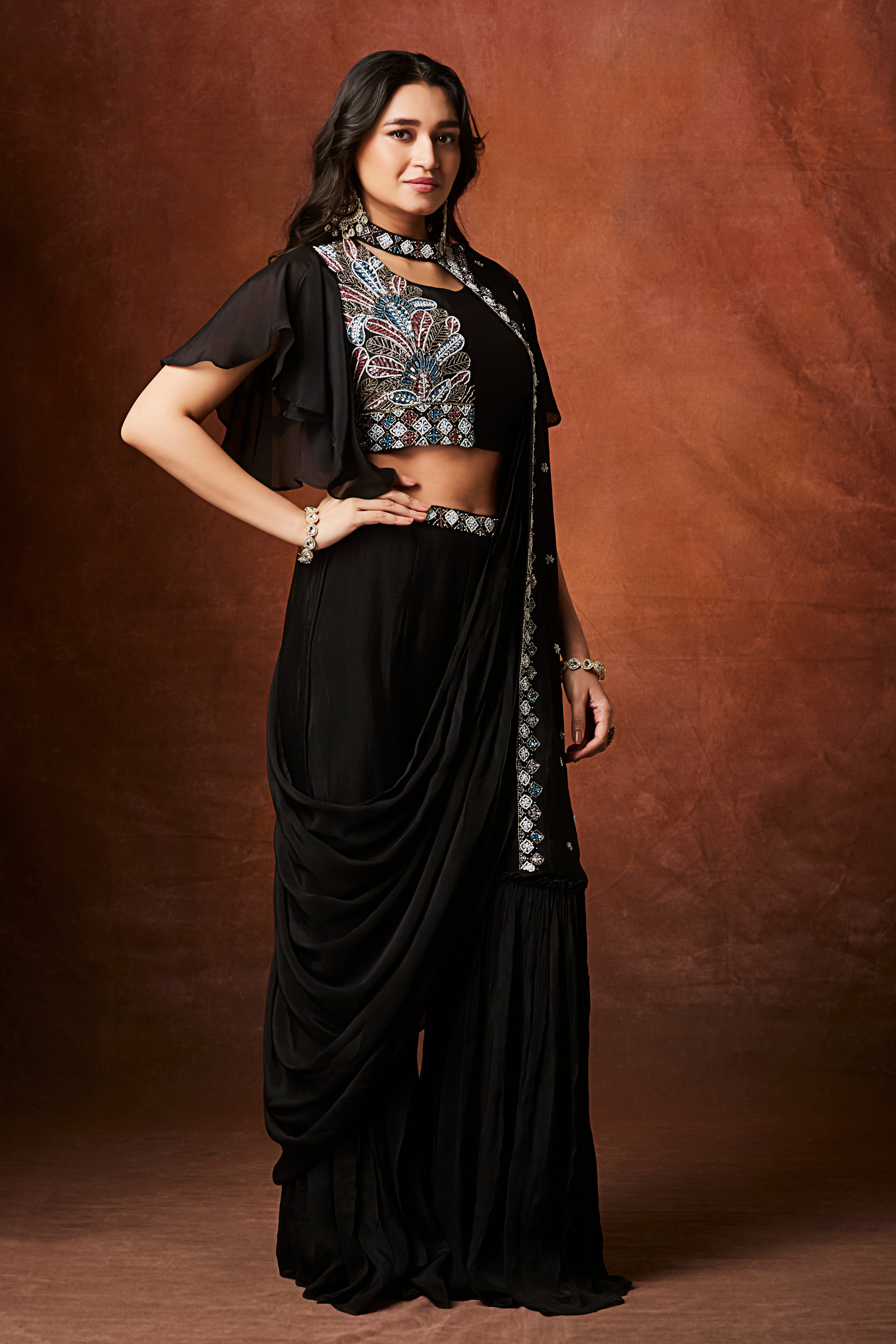 Coal Black Embellished Chinon Silk Palazzo Set