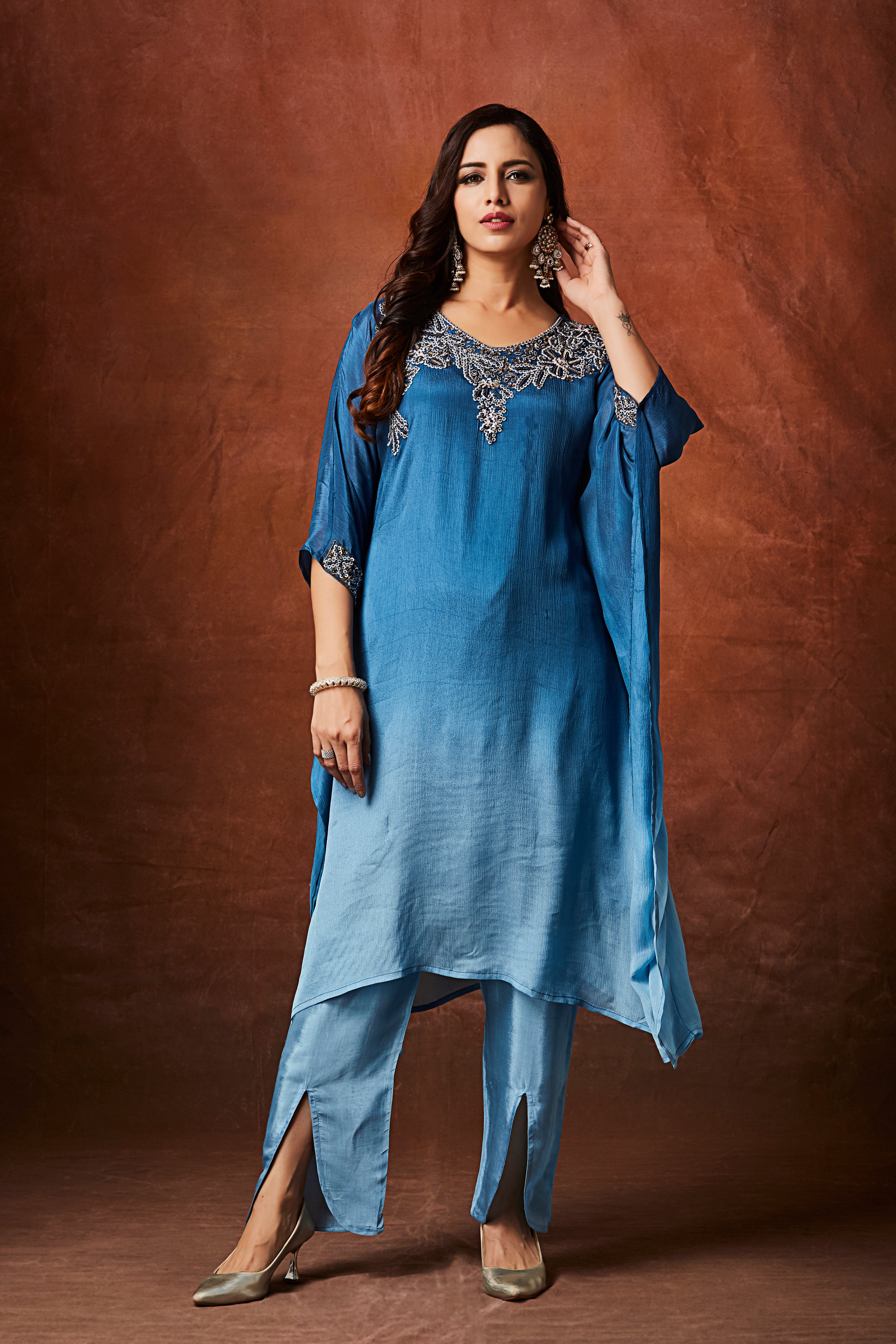 Indigo Ombre Embellished Chinon Silk Kaftan Set