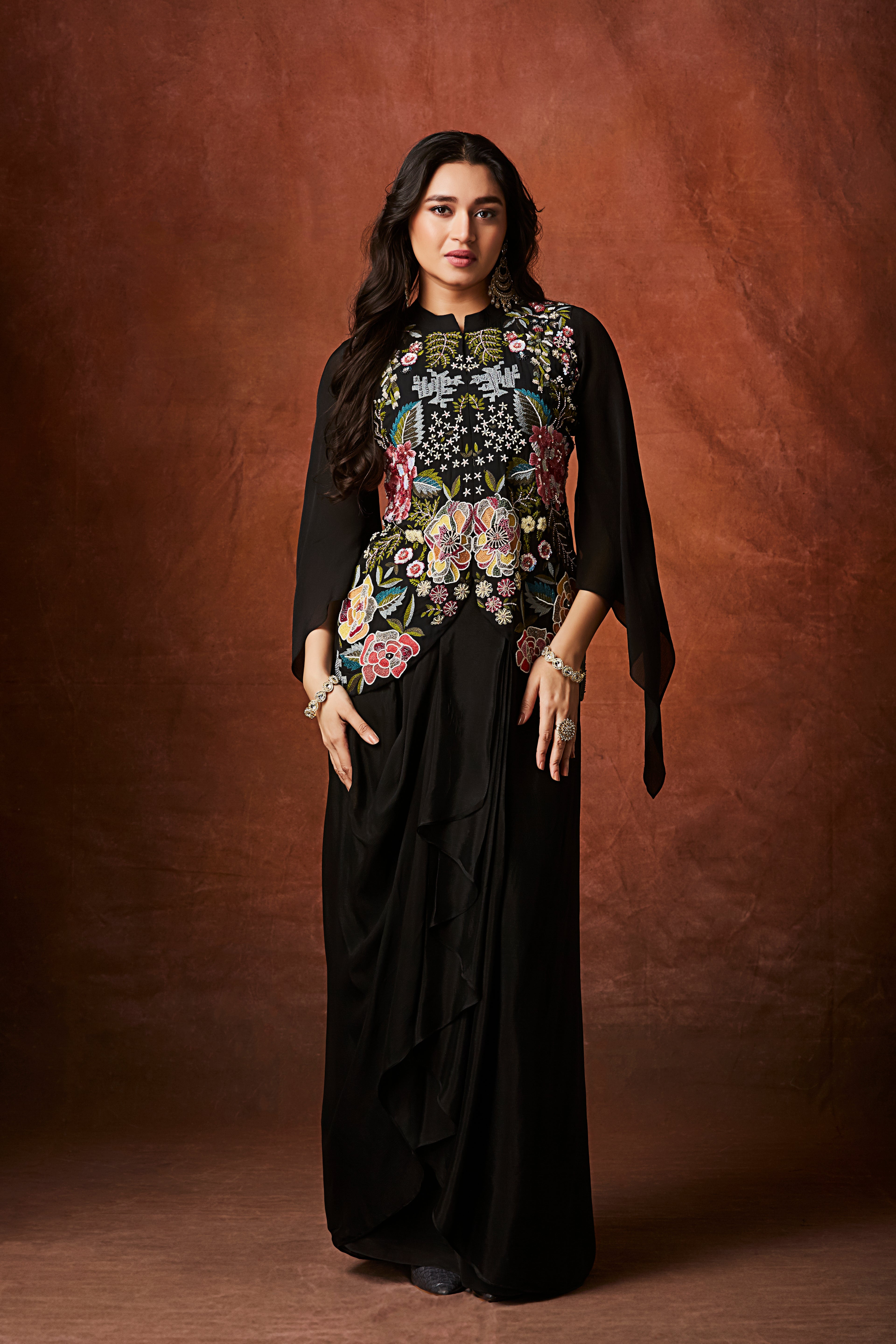 Classic Black Floral Embroidered Crepe Silk Skirt Set