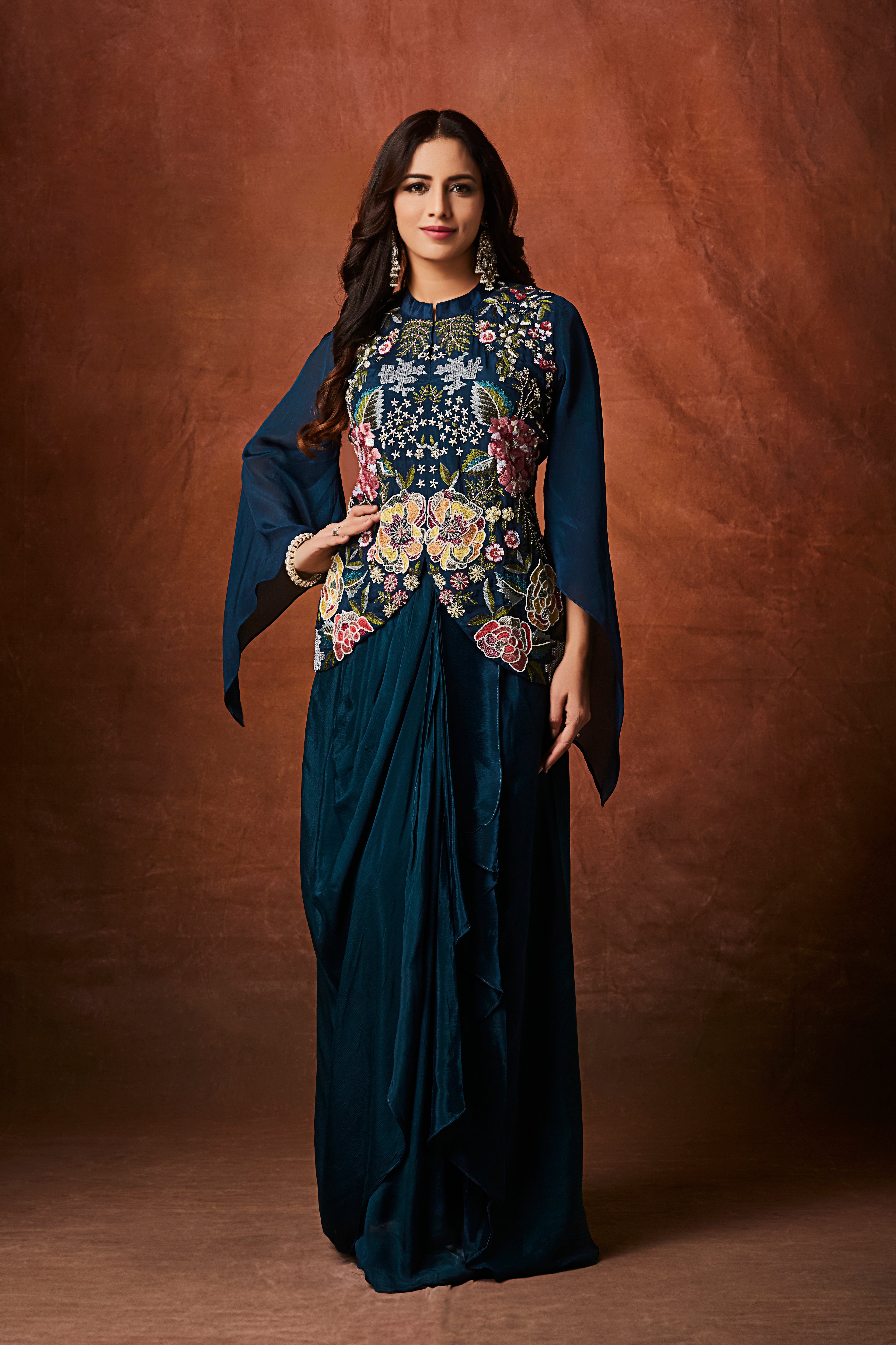 Deep Teal Floral Embroidered Crepe Silk Skirt Set