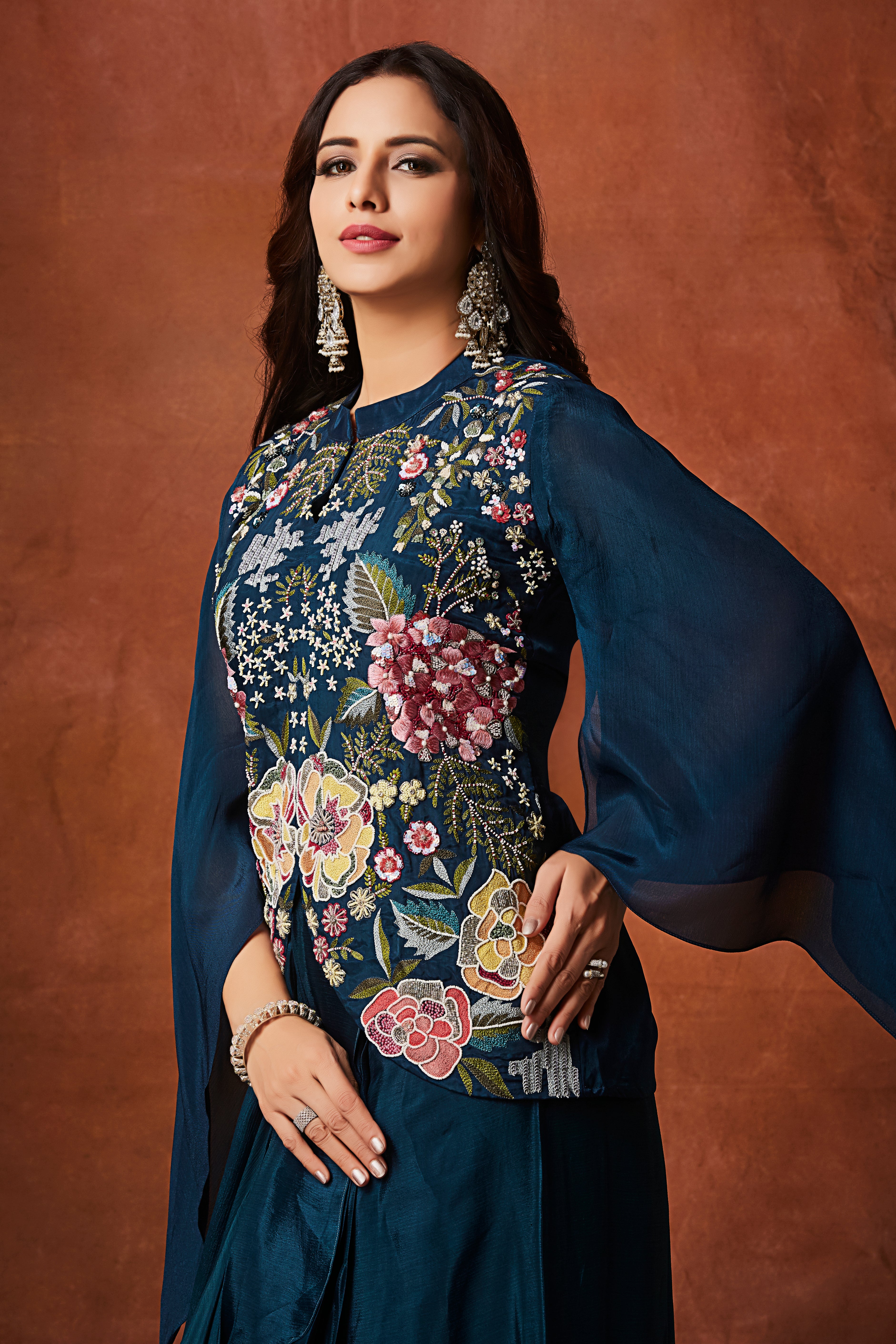 Deep Teal Floral Embroidered Crepe Silk Skirt Set