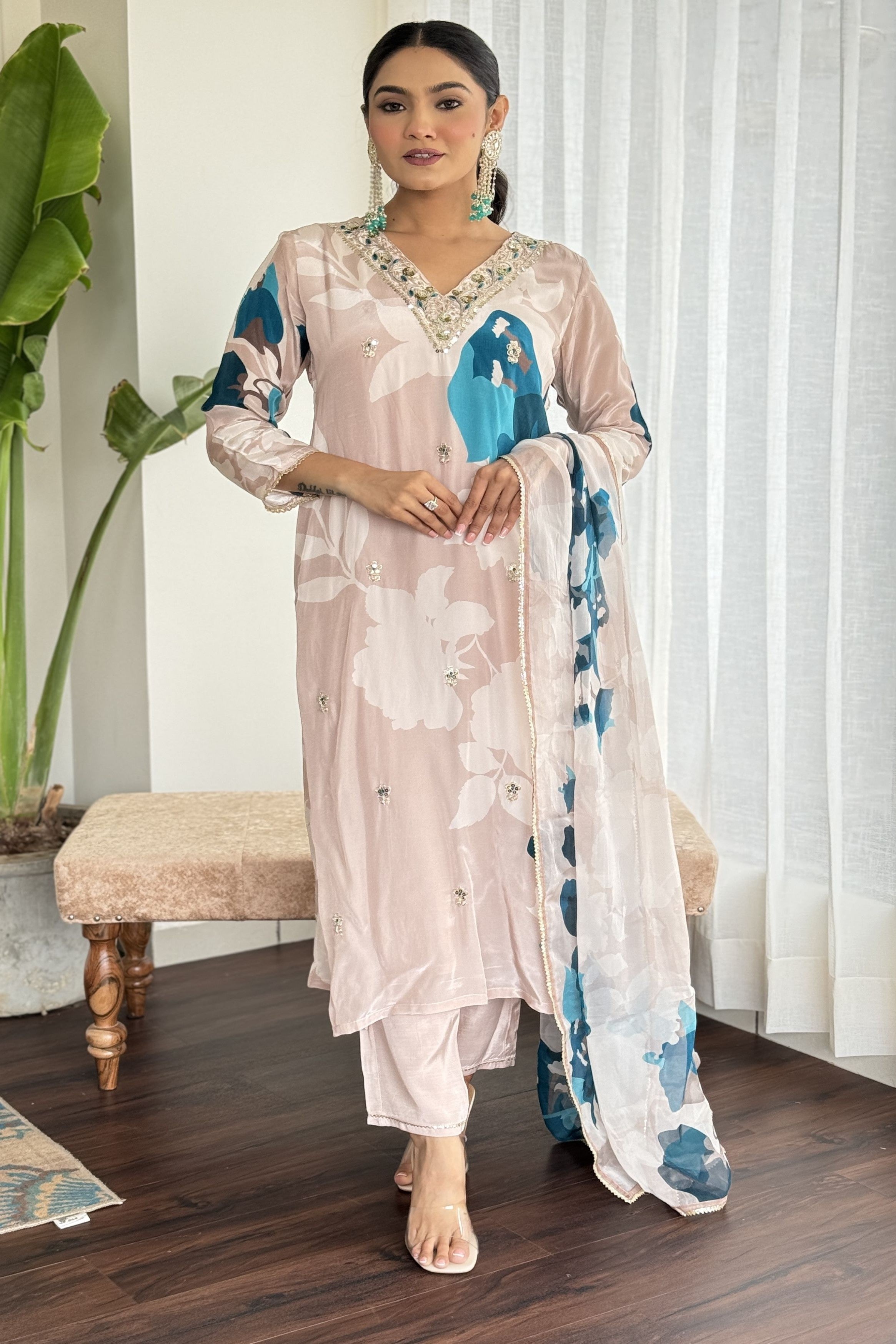 Pastel Beige Embellished Muslin Silk Kurta Pant Set