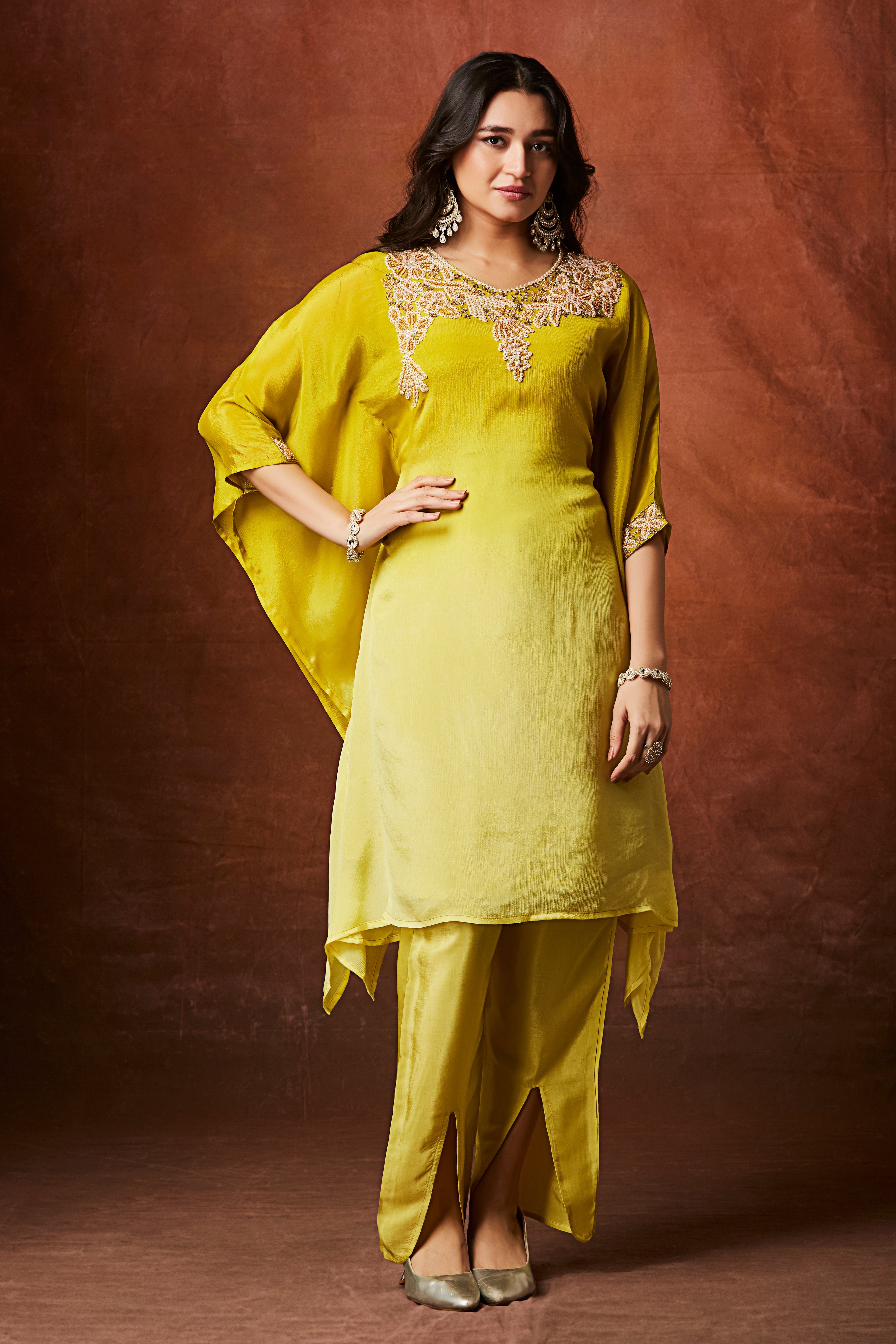 Lime Yellow Ombre Embellished Chinon Silk Kaftan Set
