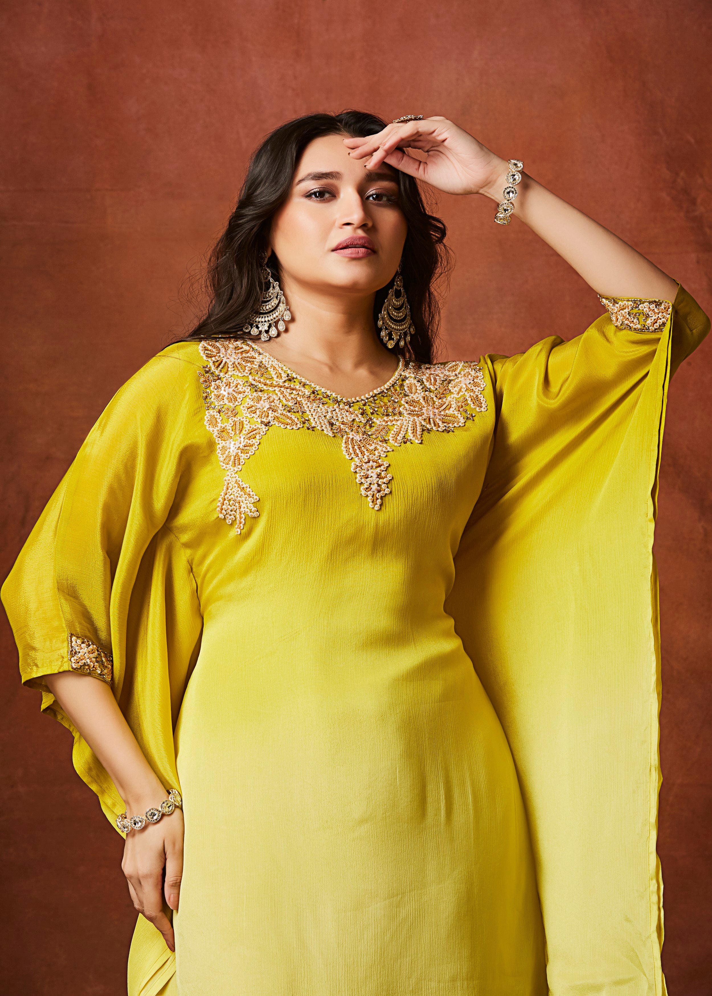 Lime Yellow Ombre Embellished Chinon Silk Kaftan Set
