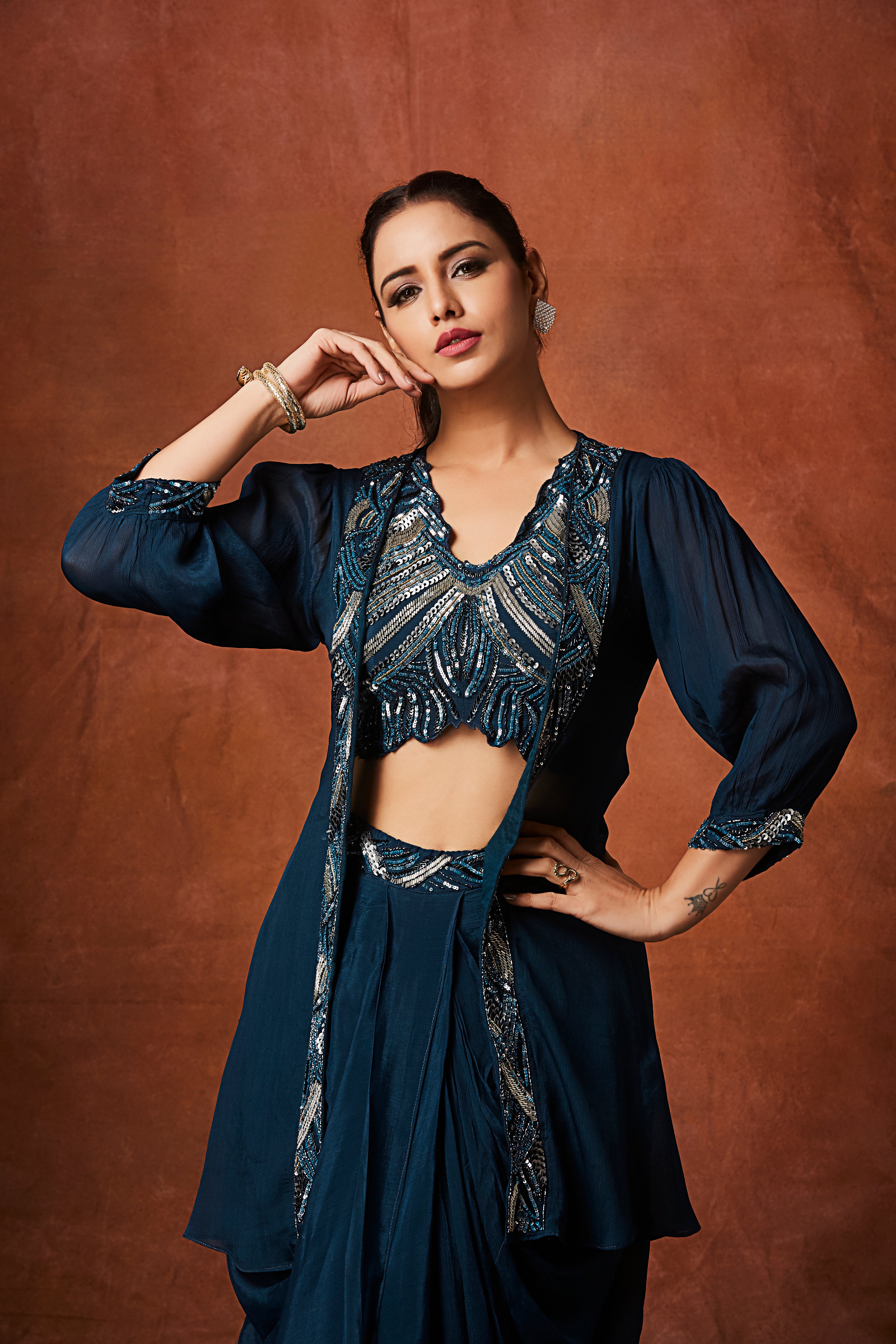 Tropical Teal Embellished Chinon Silk Skirt Set