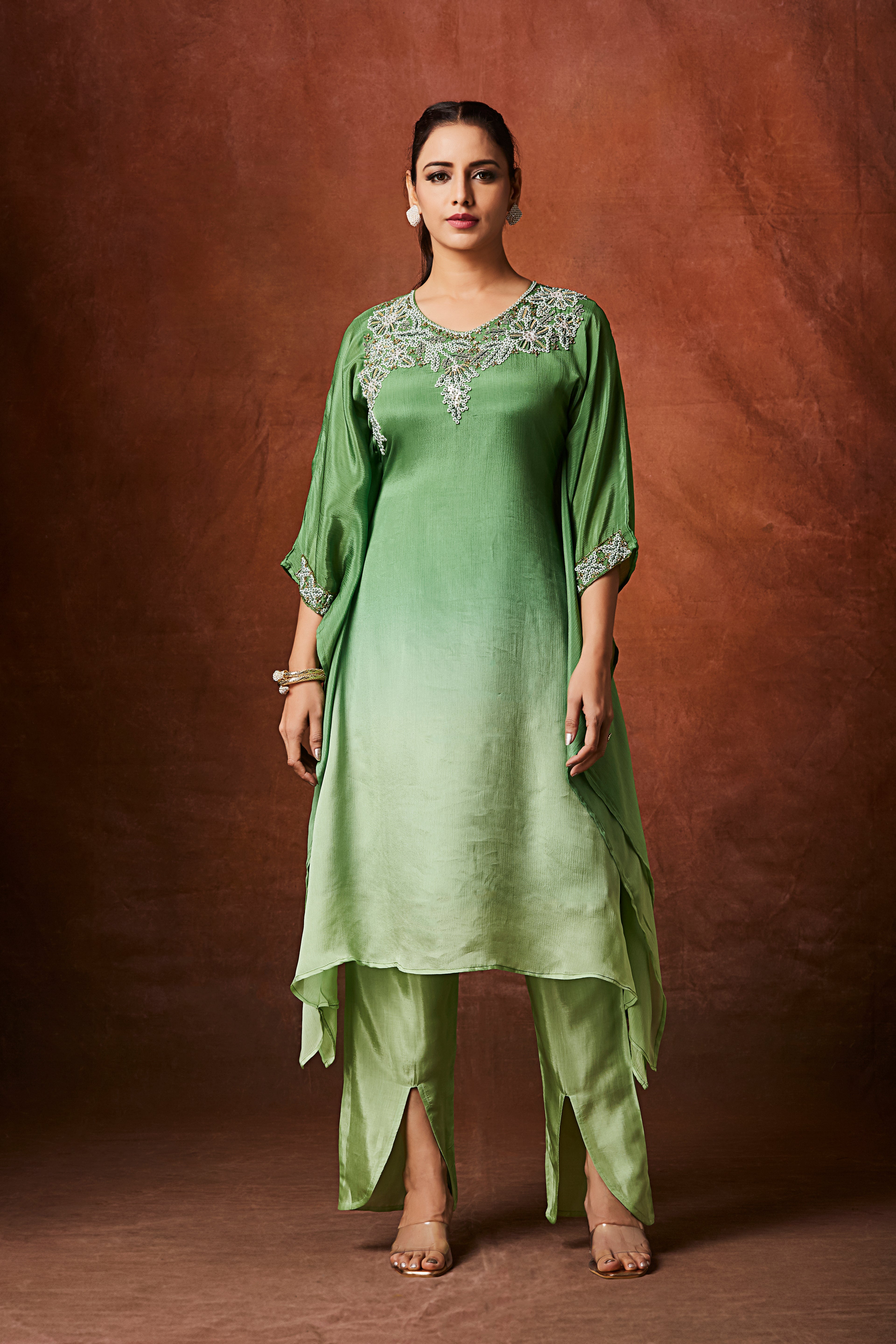 Mint Ombre Embellished Chinon Silk Kaftan Set