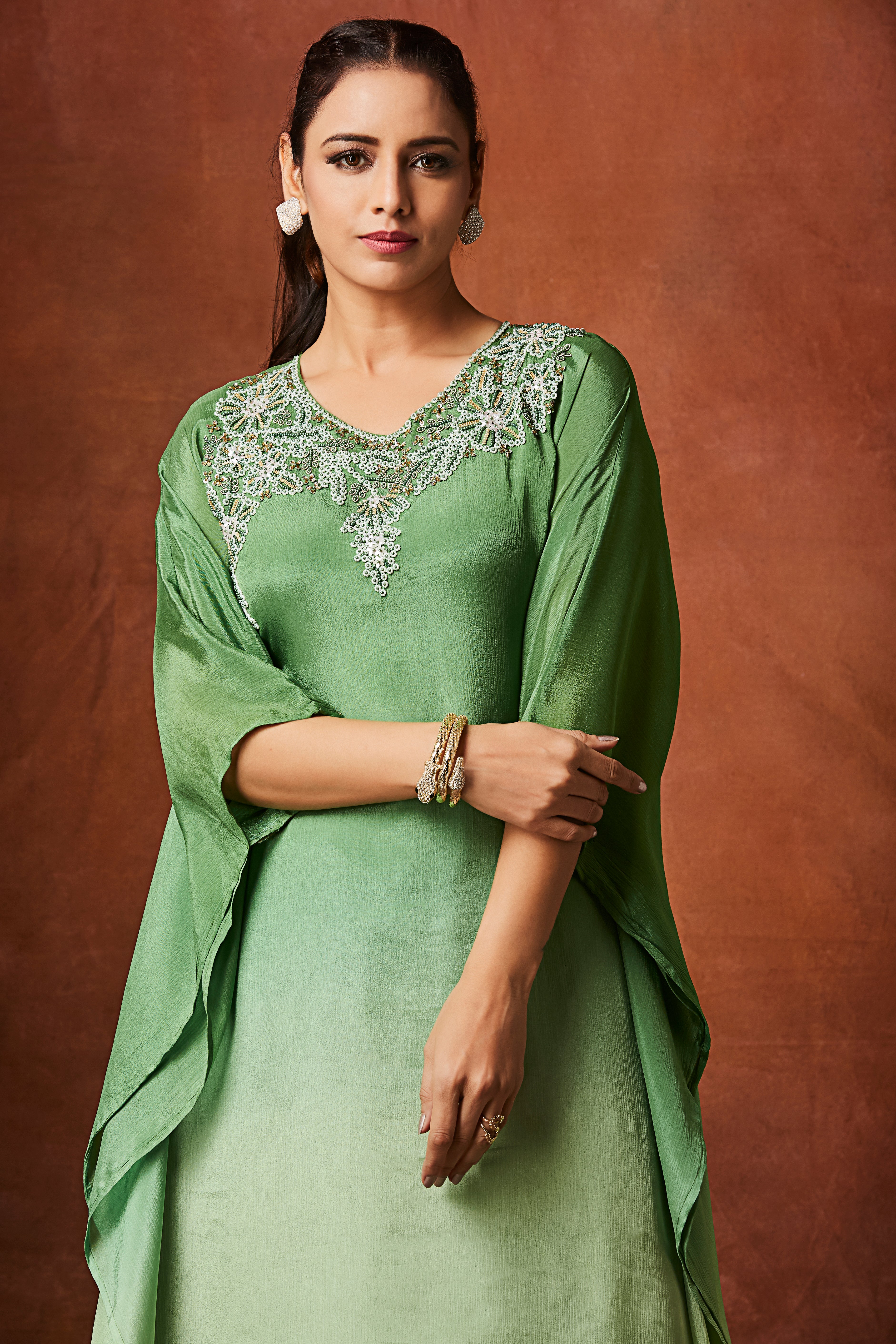 Mint Ombre Embellished Chinon Silk Kaftan Set