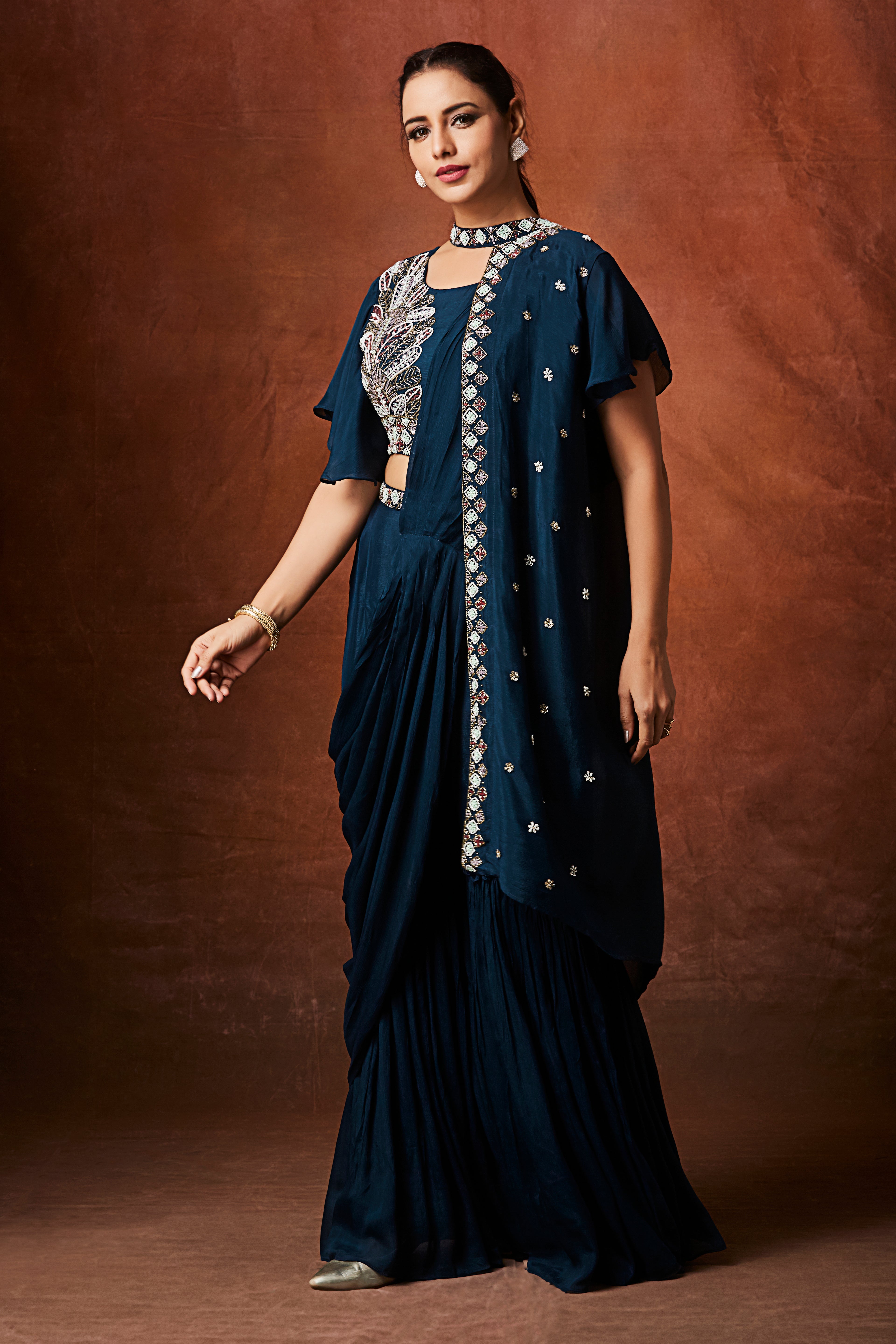 Dark Teal Embellished Chinon Silk Palazzo Set