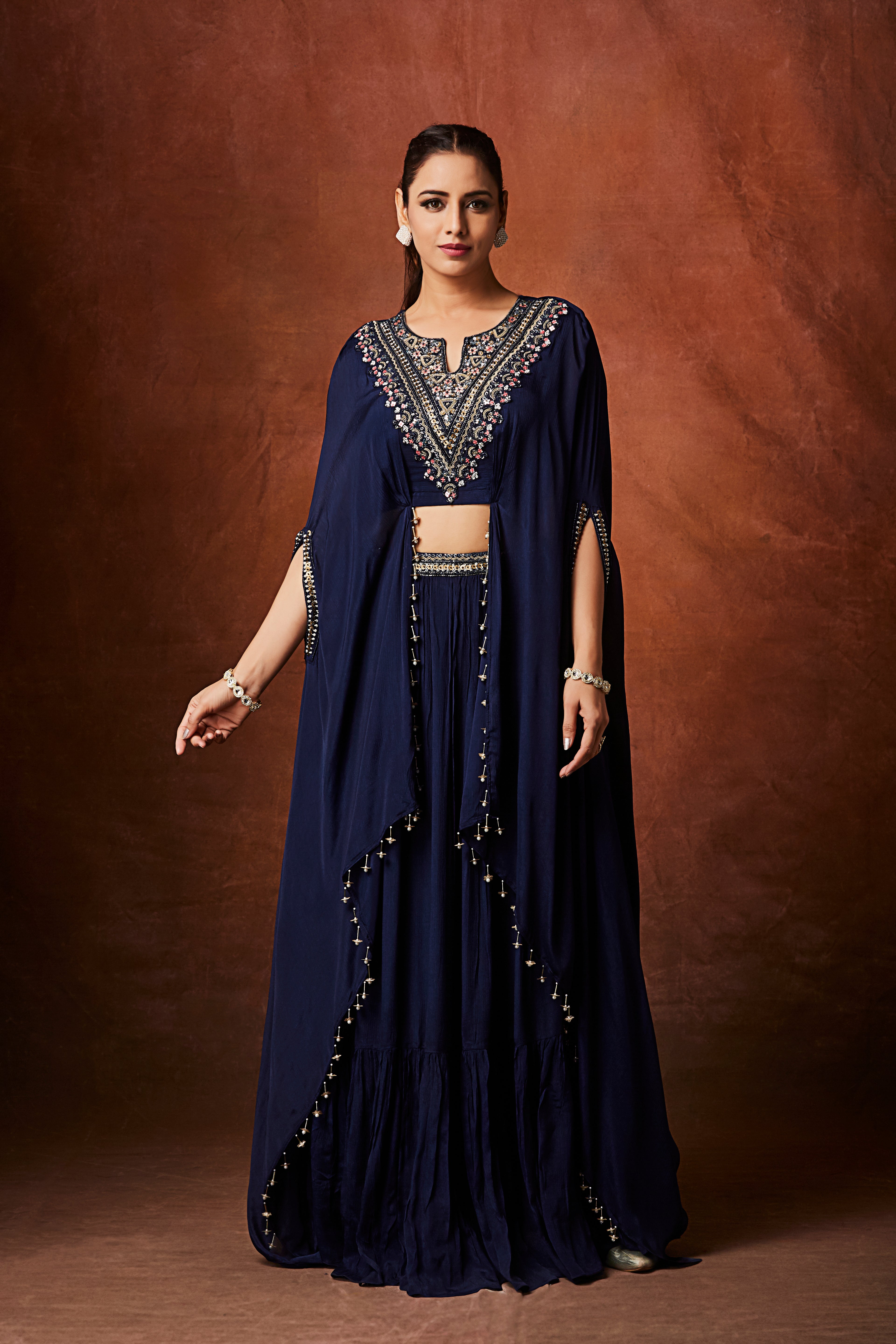 Navy Blue Embellished Chinon Silk Skirt Set