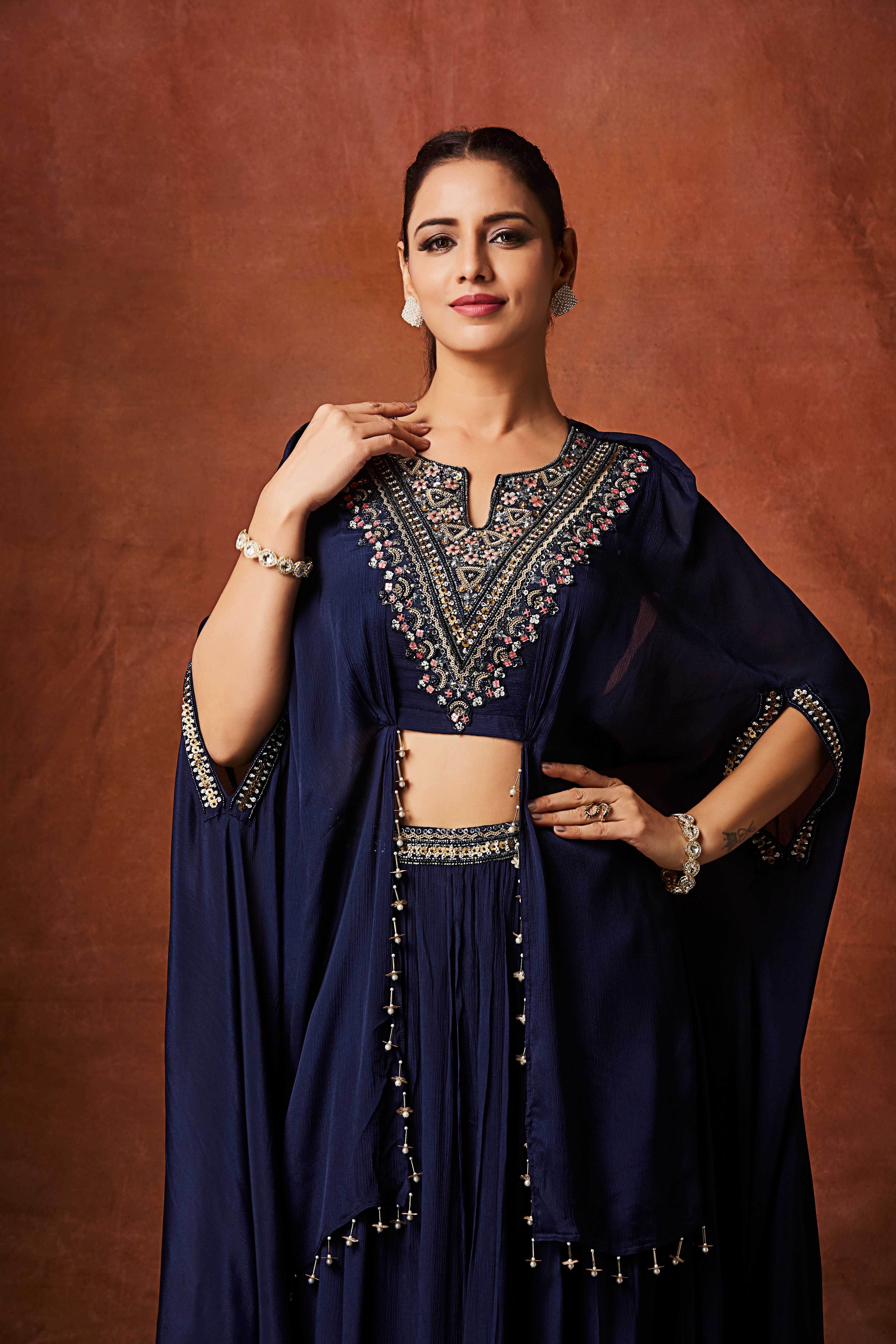 Navy Blue Embellished Chinon Silk Skirt Set