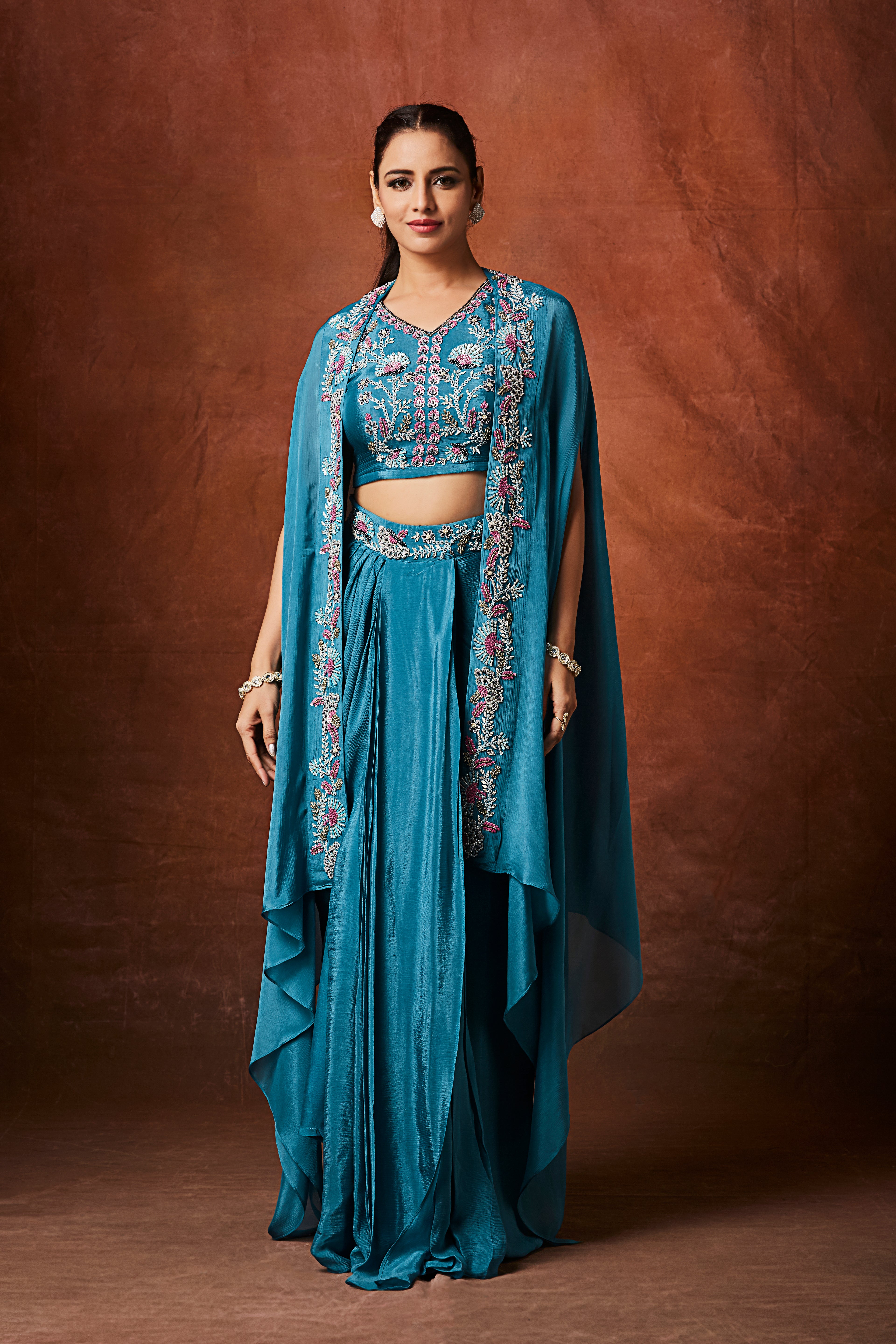 Marine Blue Embellished Chinon Silk Cape Set