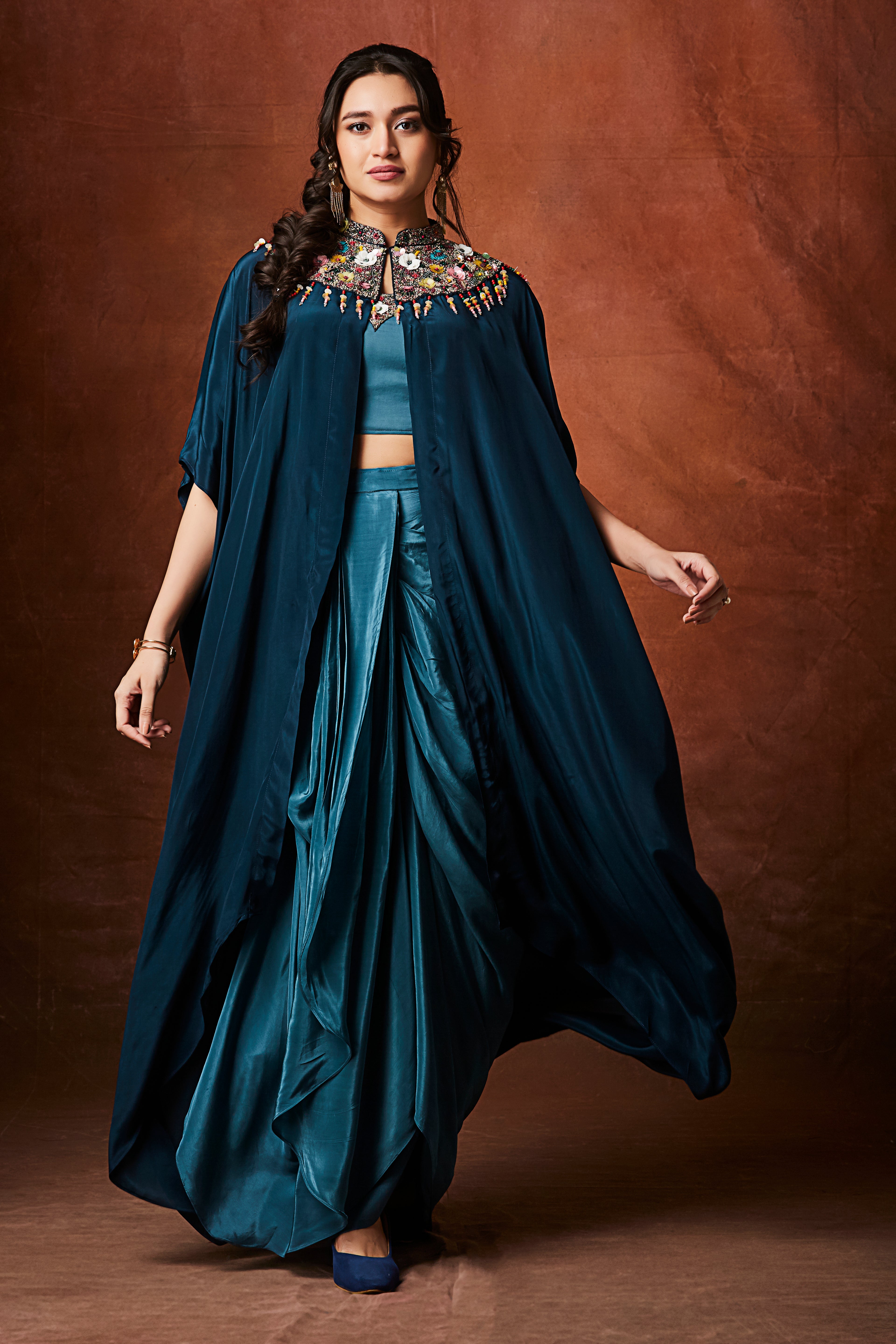 Deep Aqua Teal Embellished Crepe Silk Skirt Set