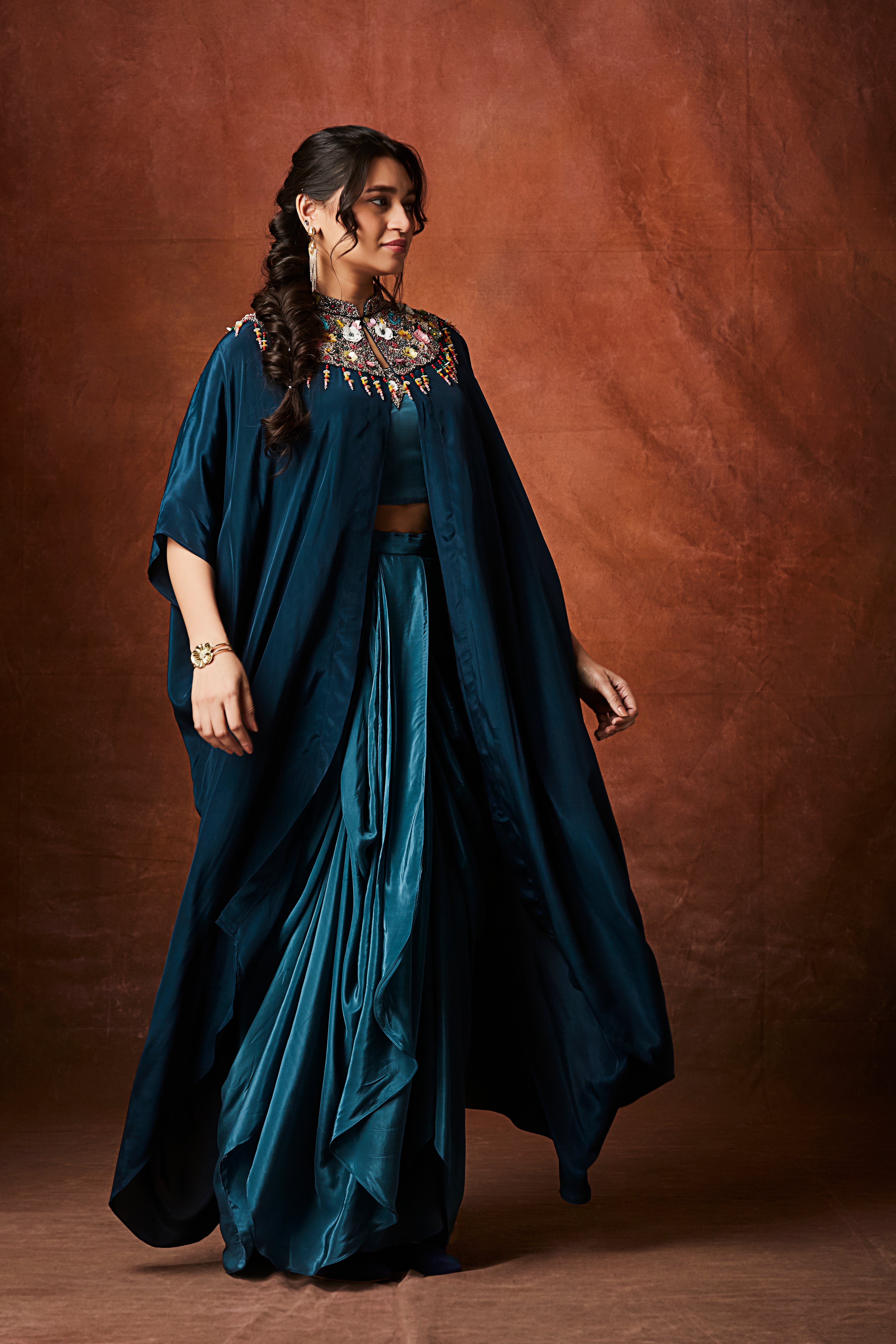 Deep Aqua Teal Embellished Crepe Silk Skirt Set