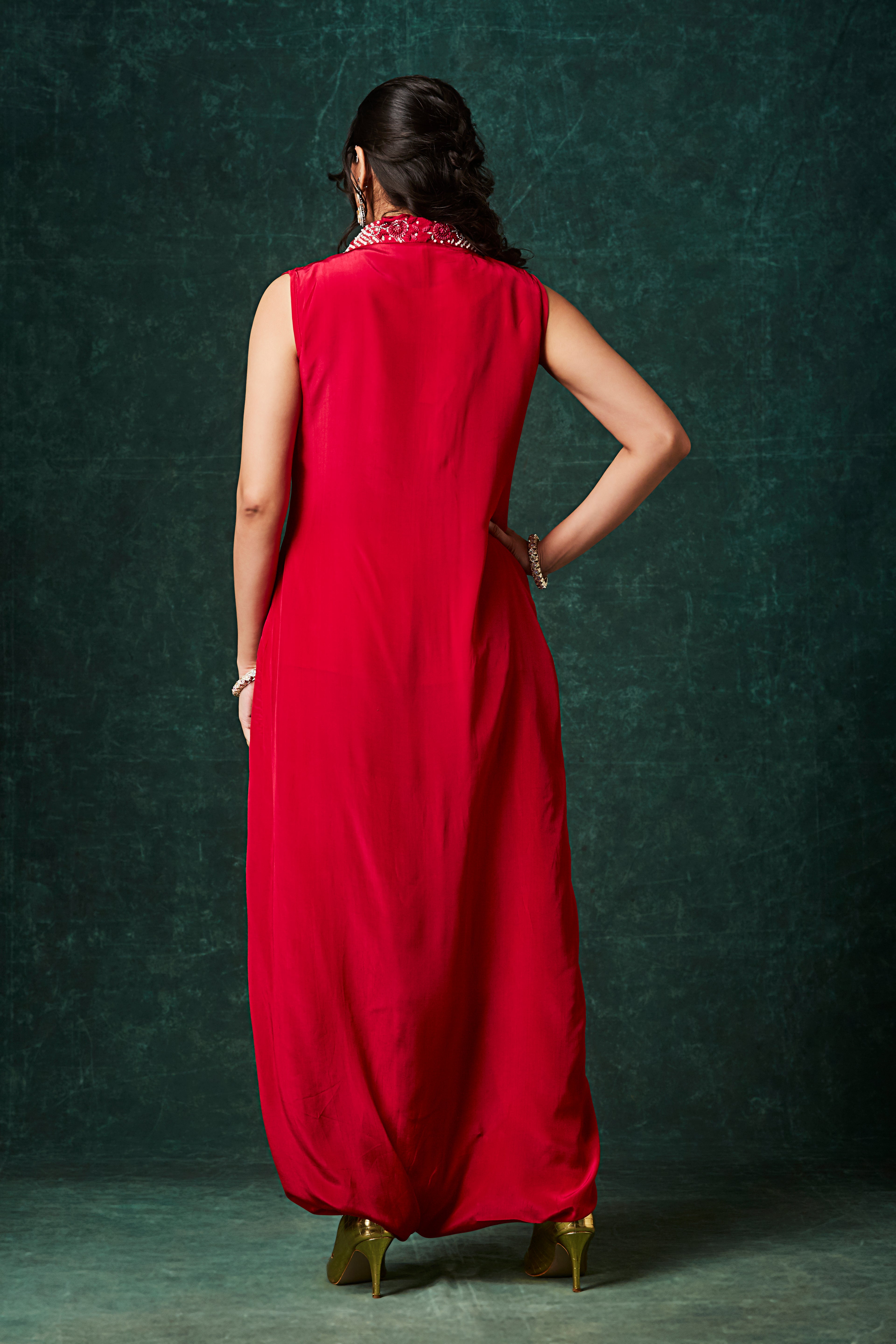 Rich Red Embellished Chinon Silk Cowl Dress