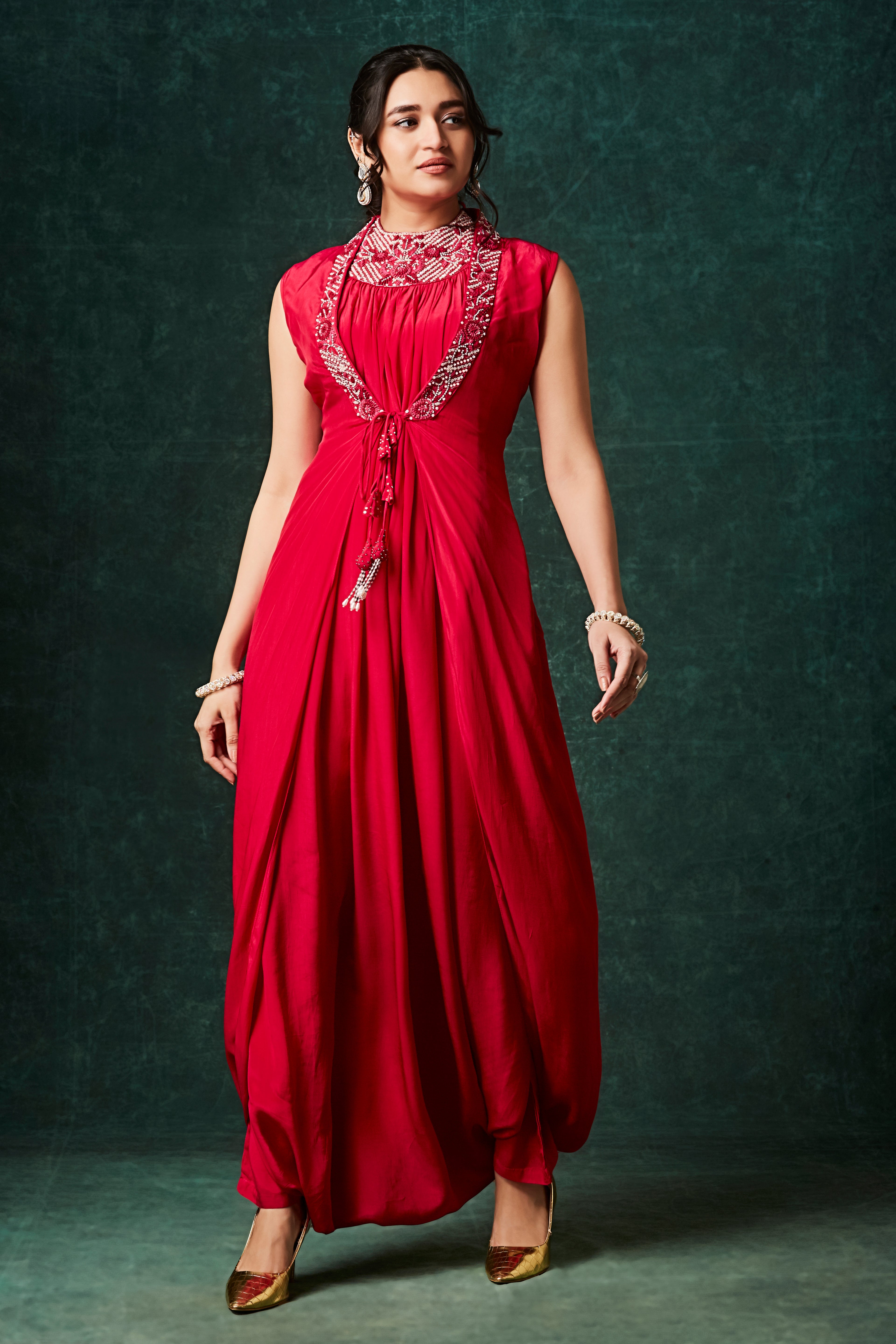 Rich Red Embellished Chinon Silk Cowl Dress