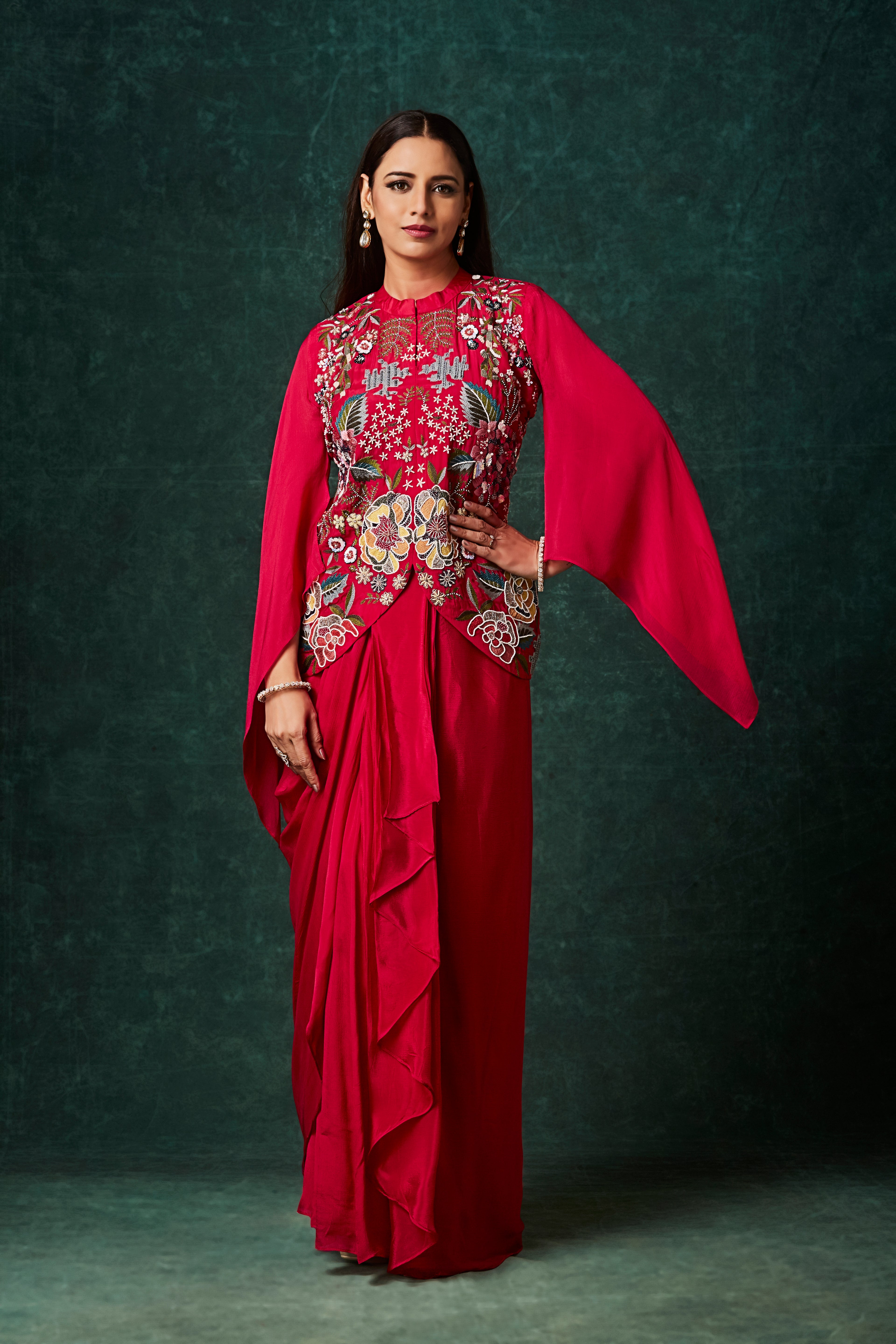 Vibrant Red Floral Embroidered Crepe Silk Skirt Set