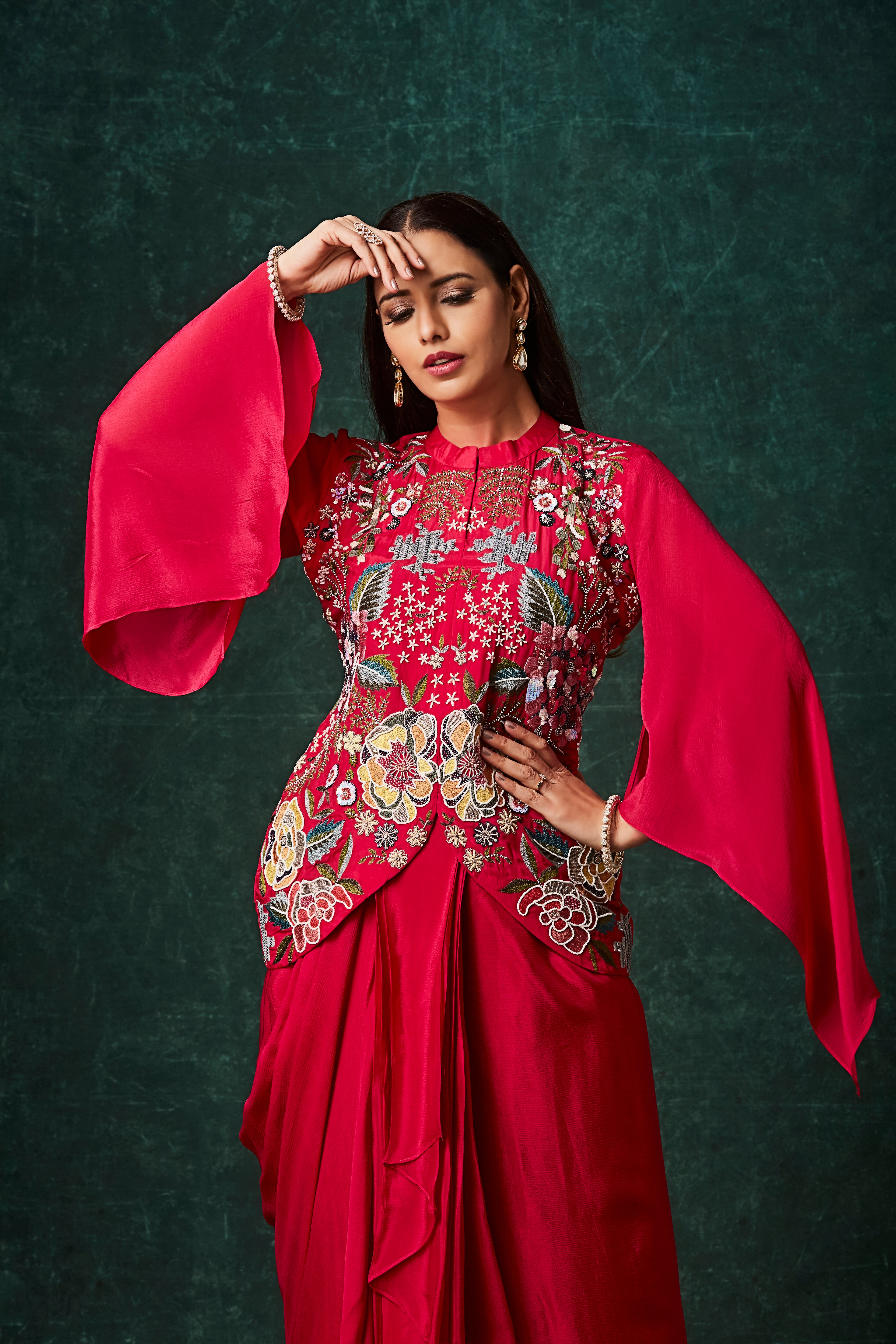 Vibrant Red Floral Embroidered Crepe Silk Skirt Set