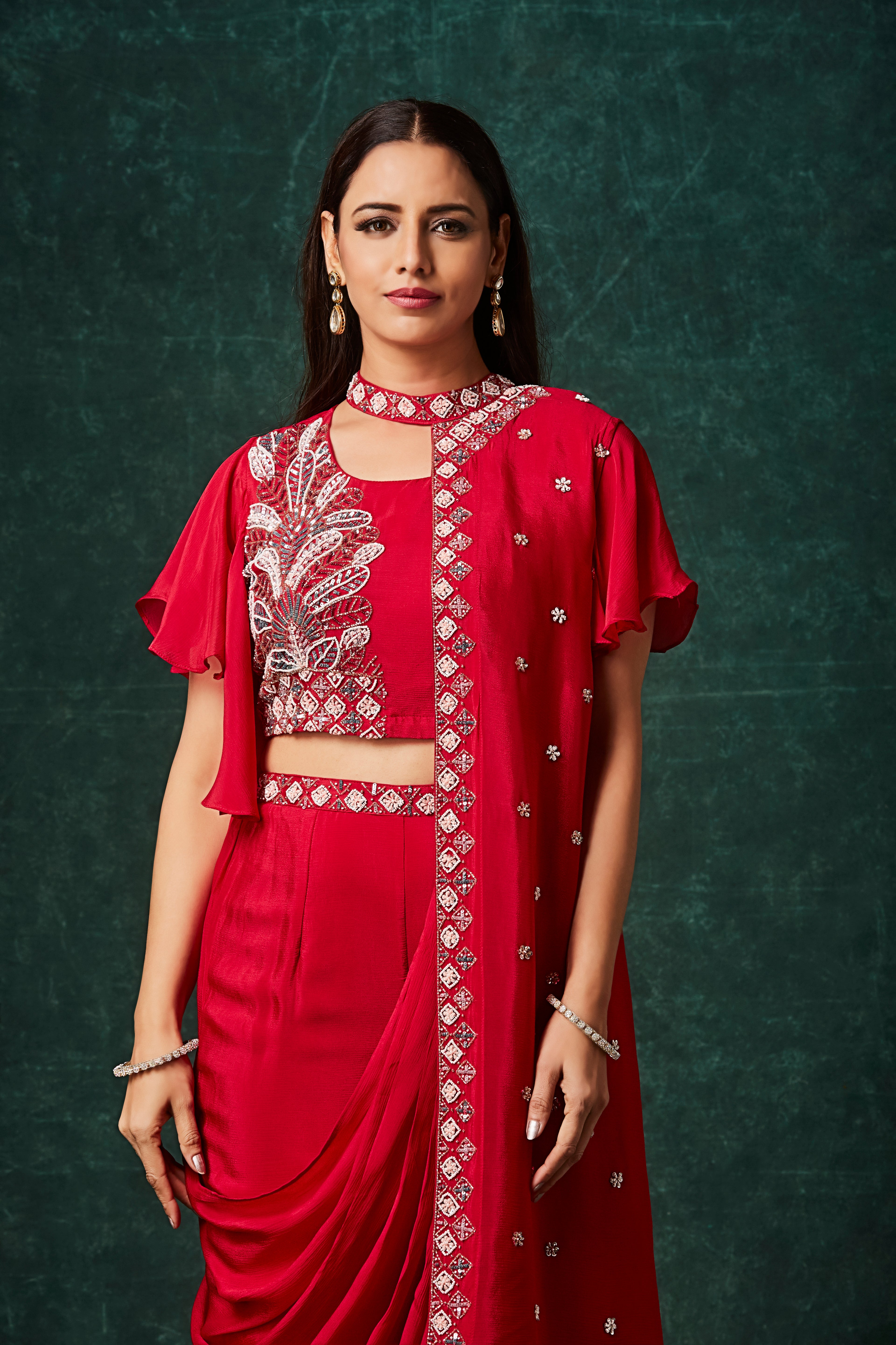 Scarlet Red Embellished Chinon Silk Palazzo Set