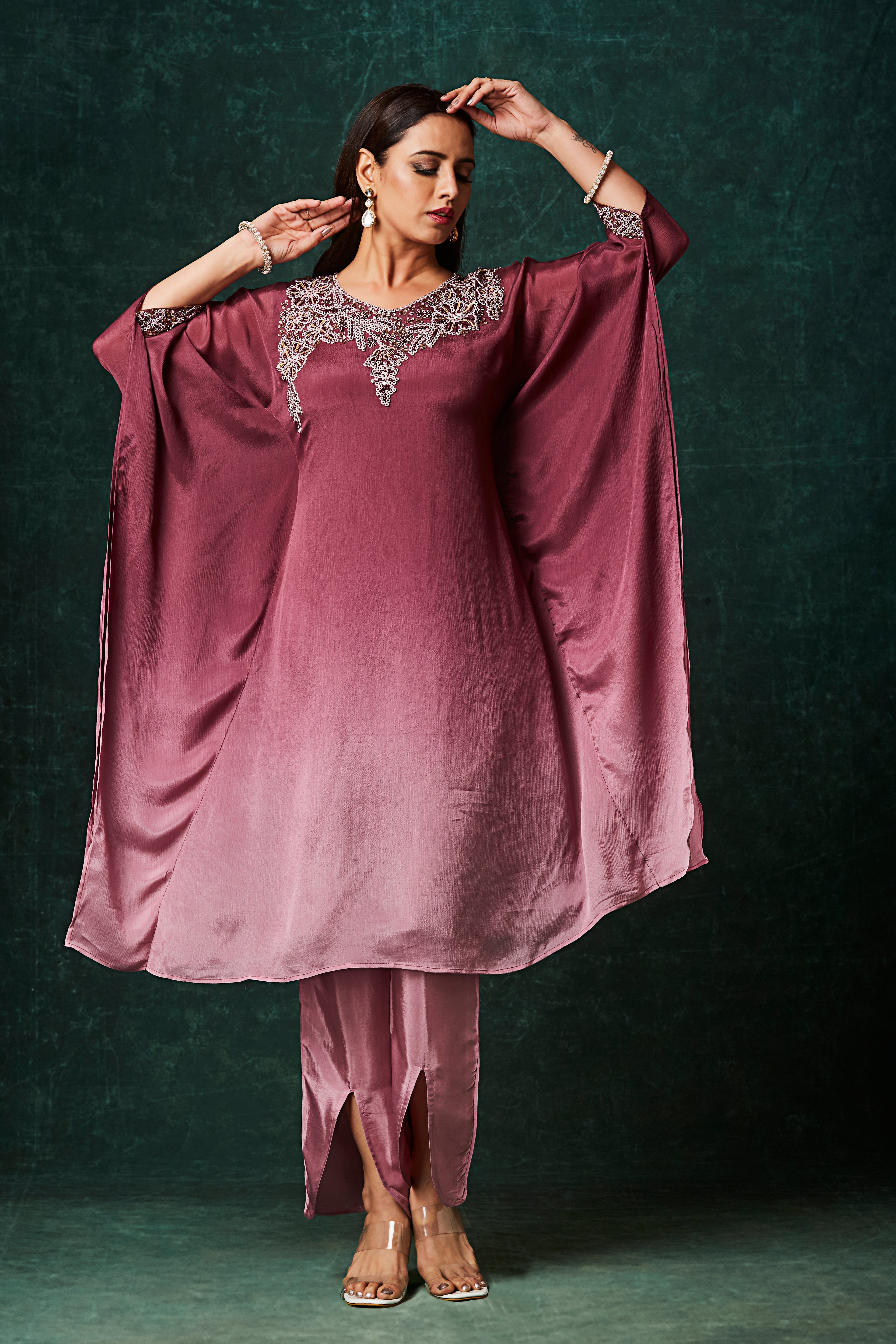 Berry Ombre Embellished Chinon Silk Kaftan Set