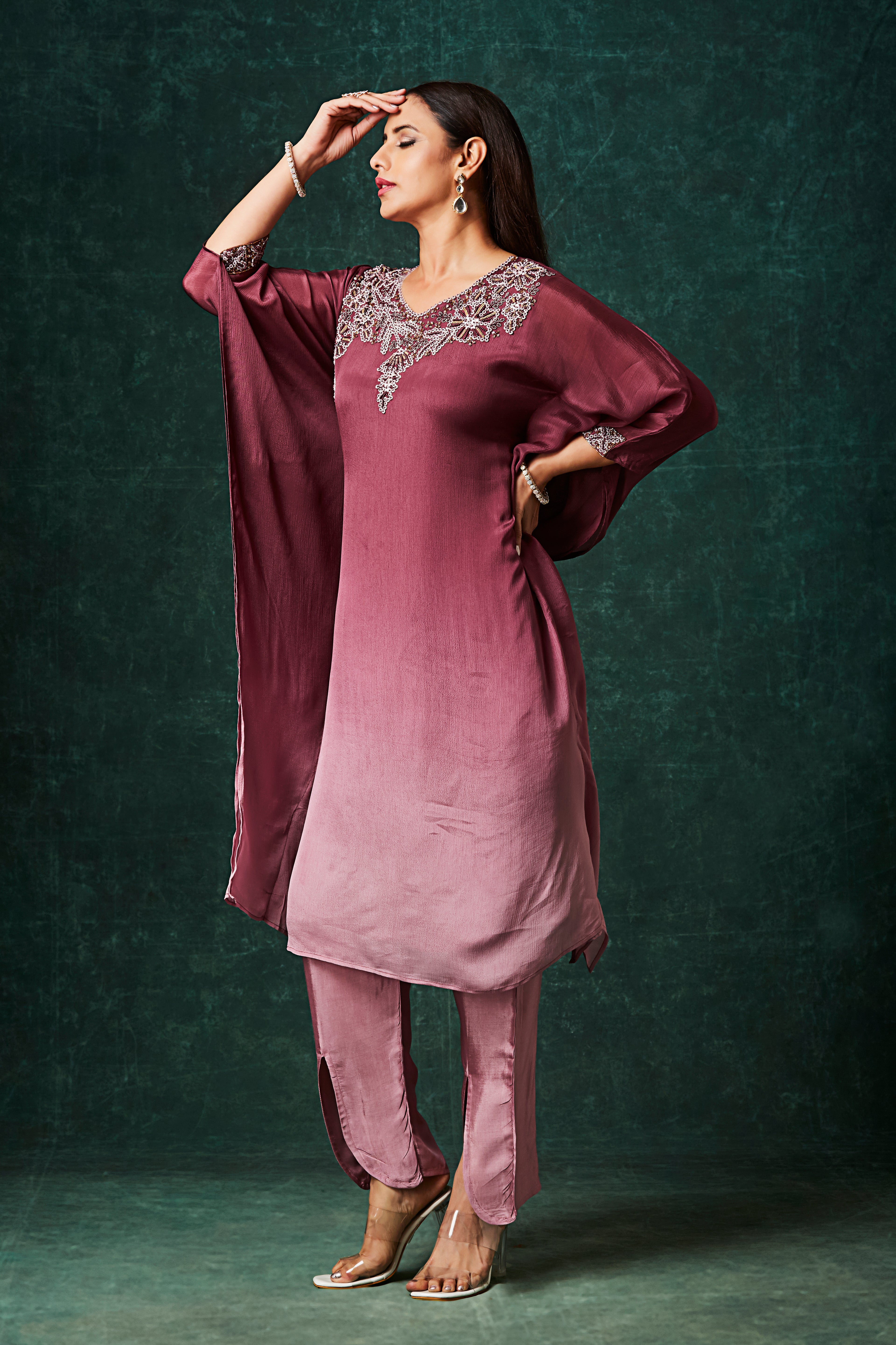 Berry Ombre Embellished Chinon Silk Kaftan Set