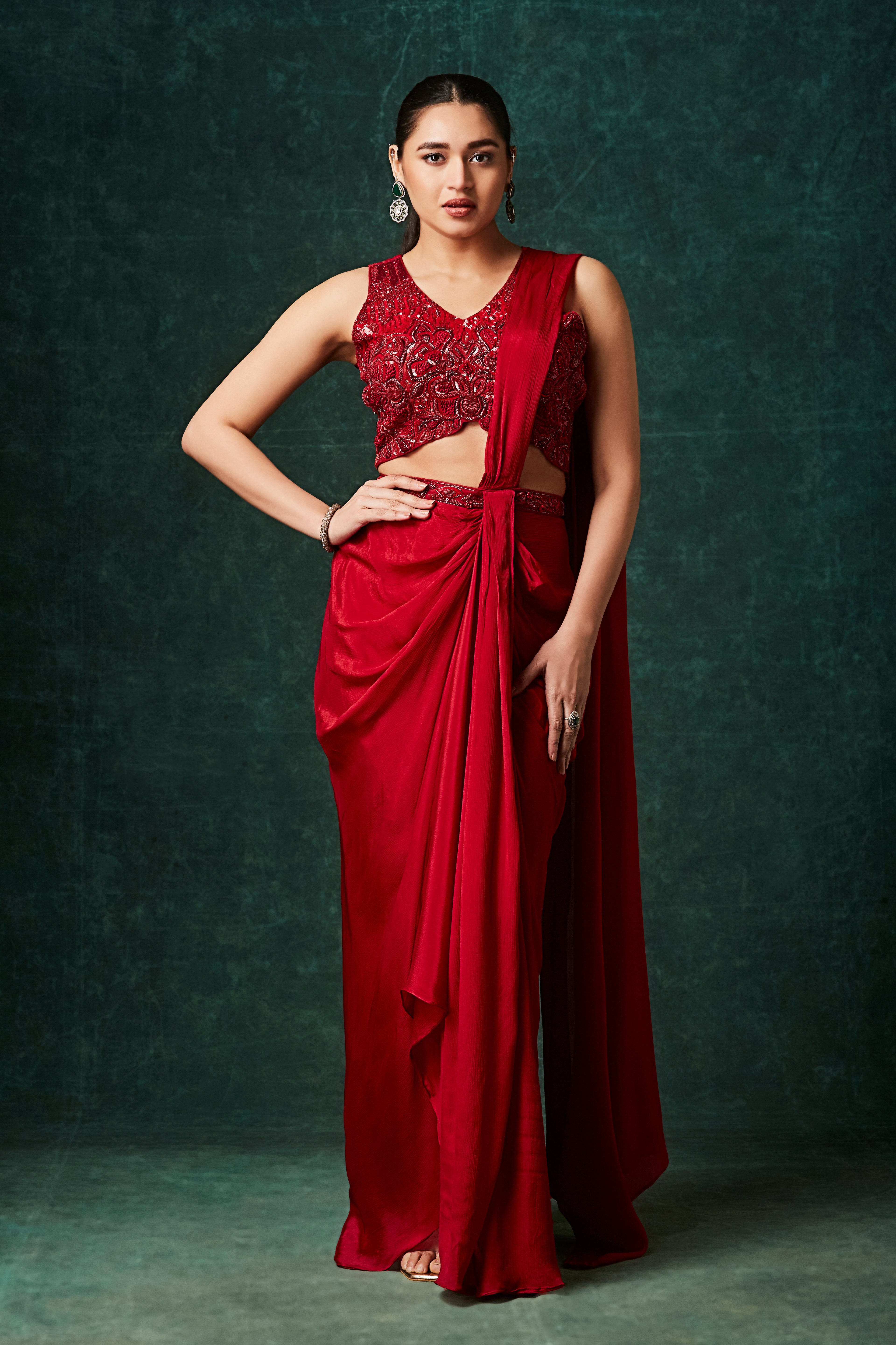 Hot Red Embellished Chinon Silk Drape Saree