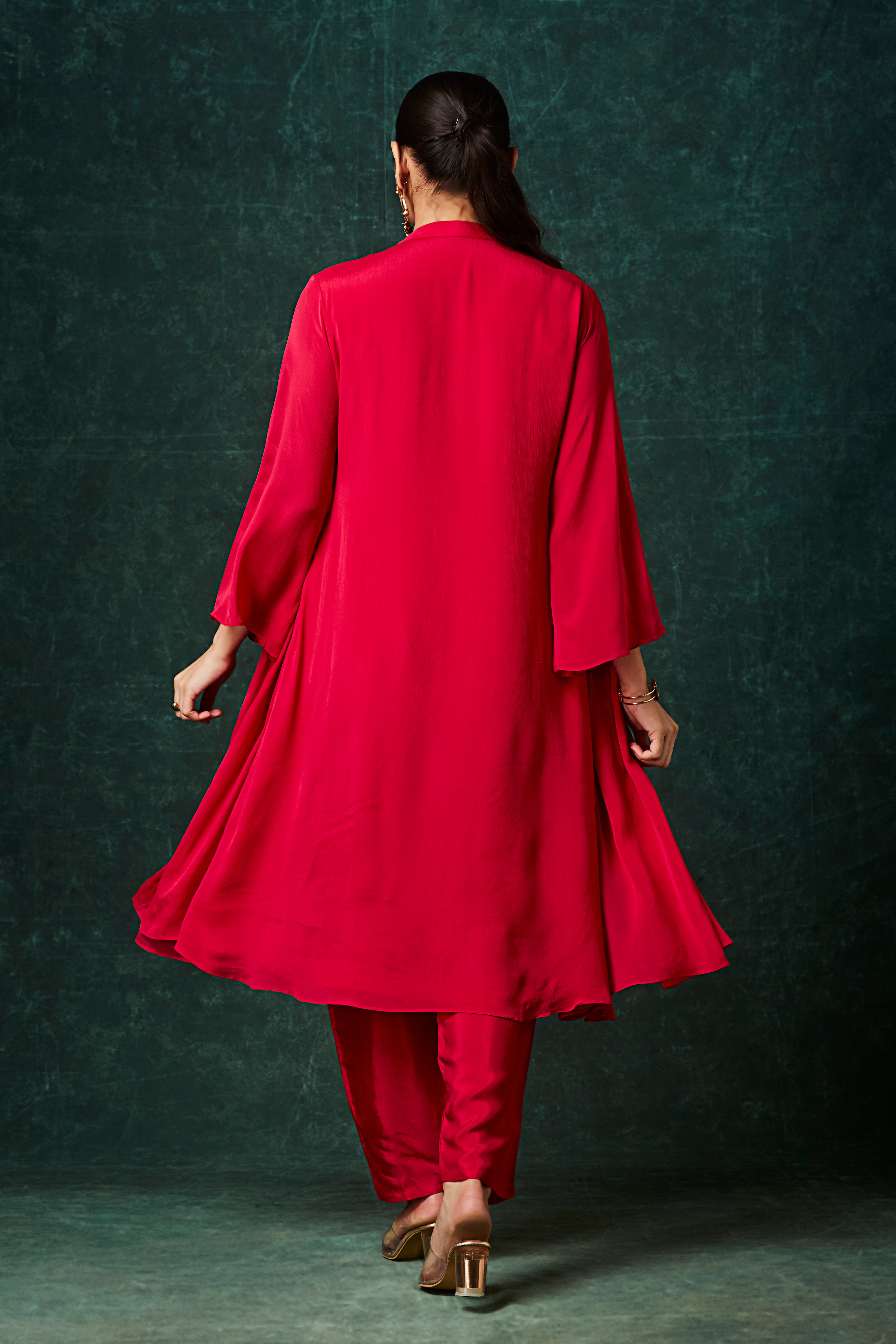 Crimson Red Embellished Chinon Silk Anarkali Set