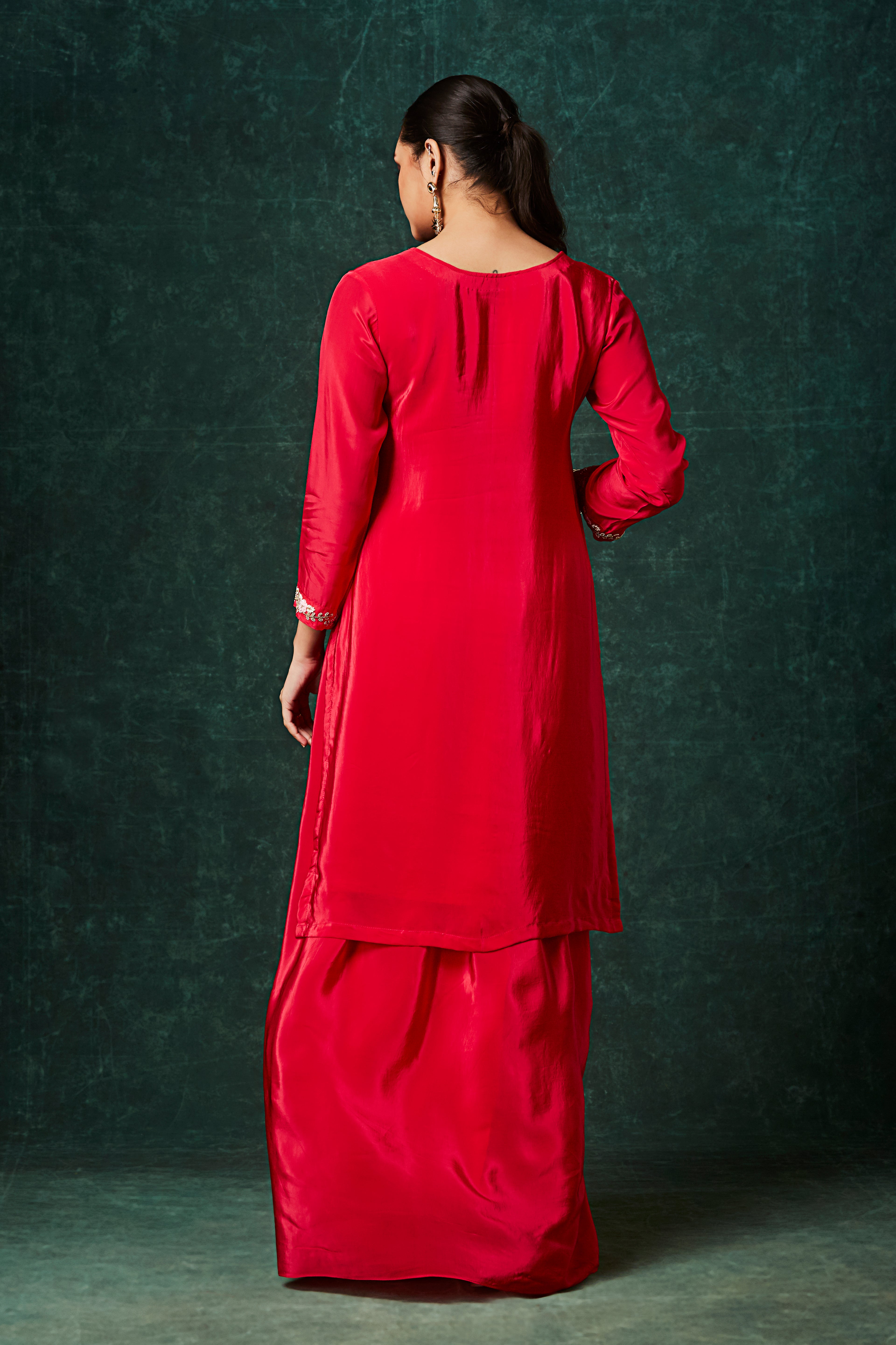 Rose Red Embellished Crepe Silk Skirt Set