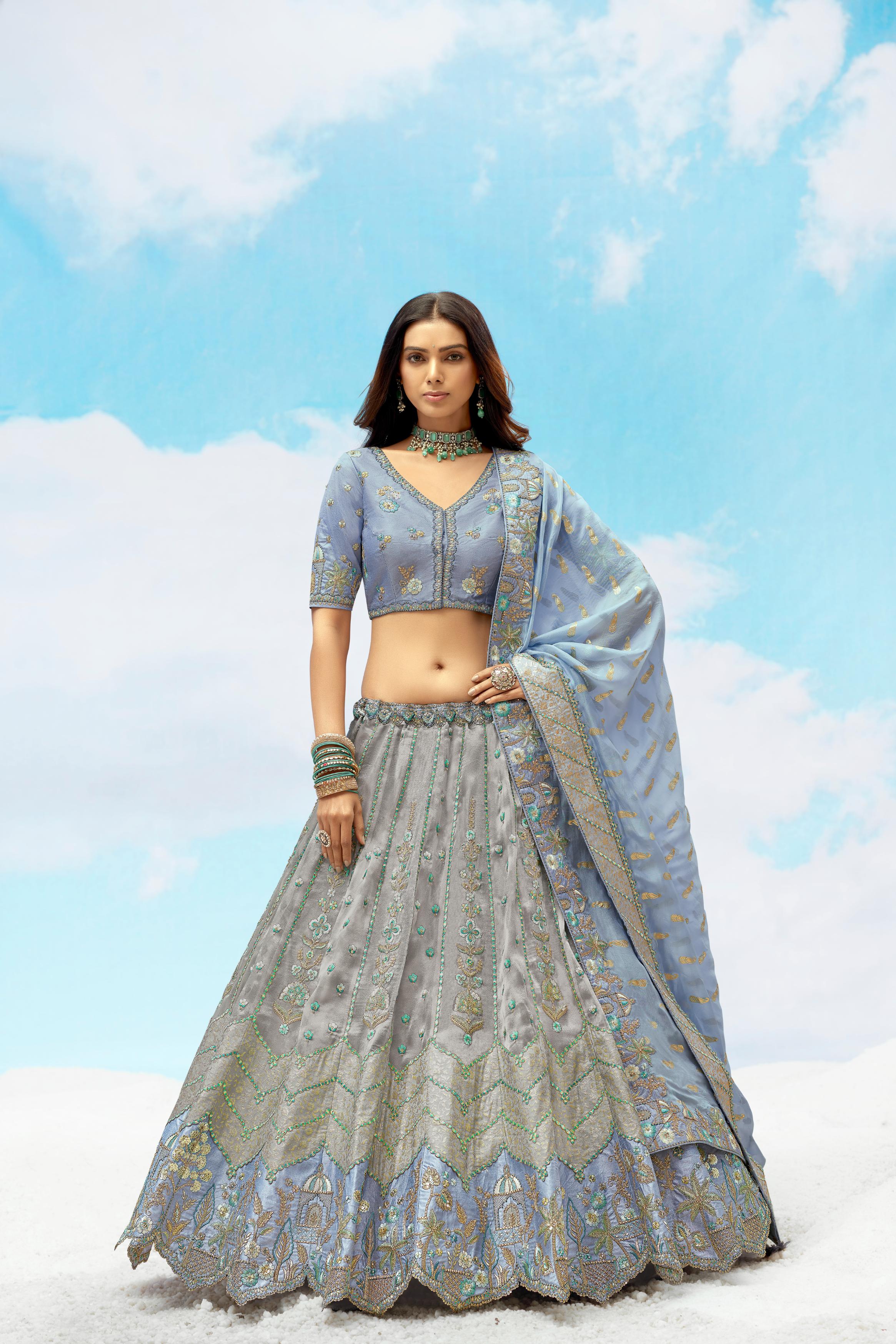 Grey Embellished Premium Tissue Silk Lehenga Set