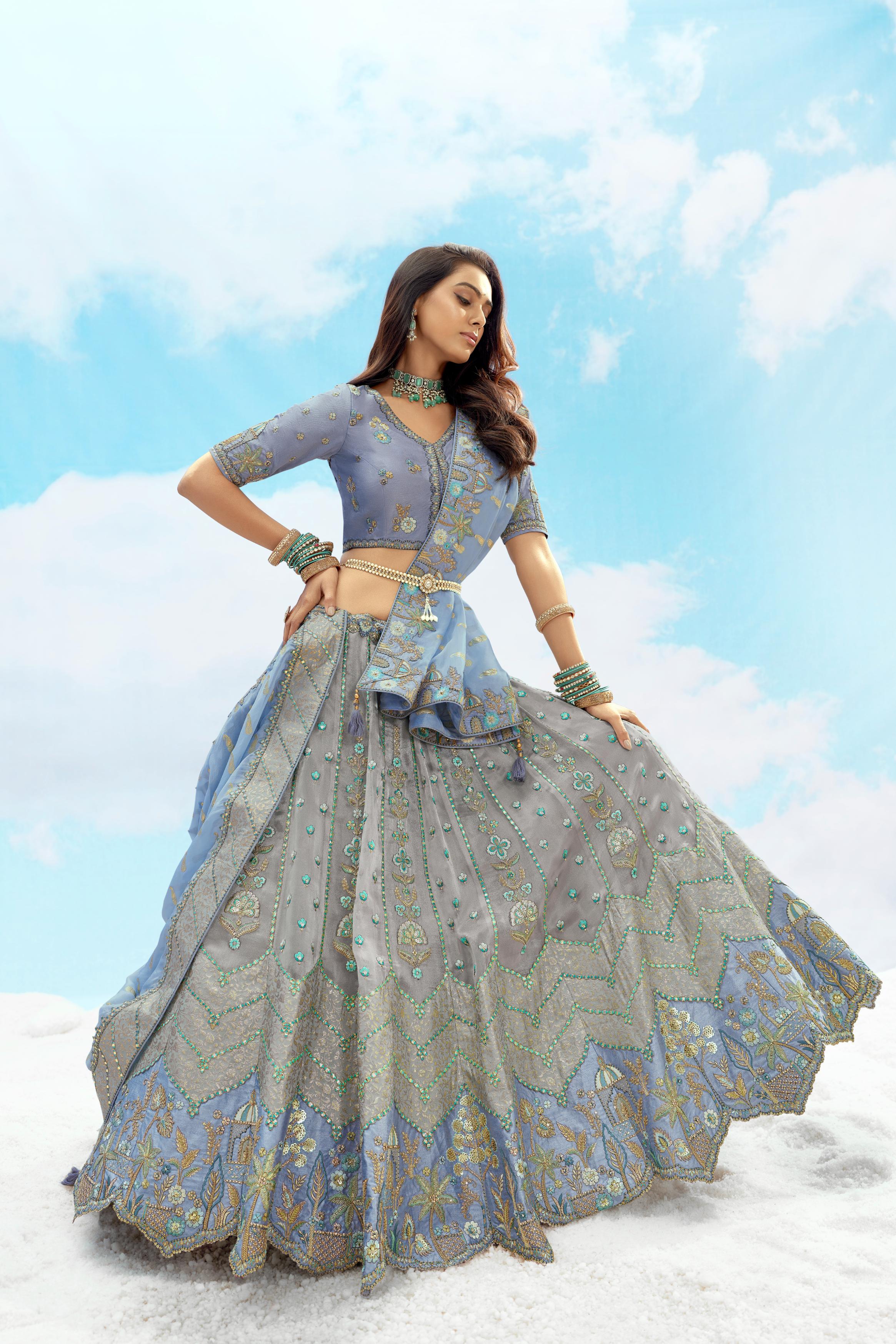 Grey Embellished Premium Tissue Silk Lehenga Set