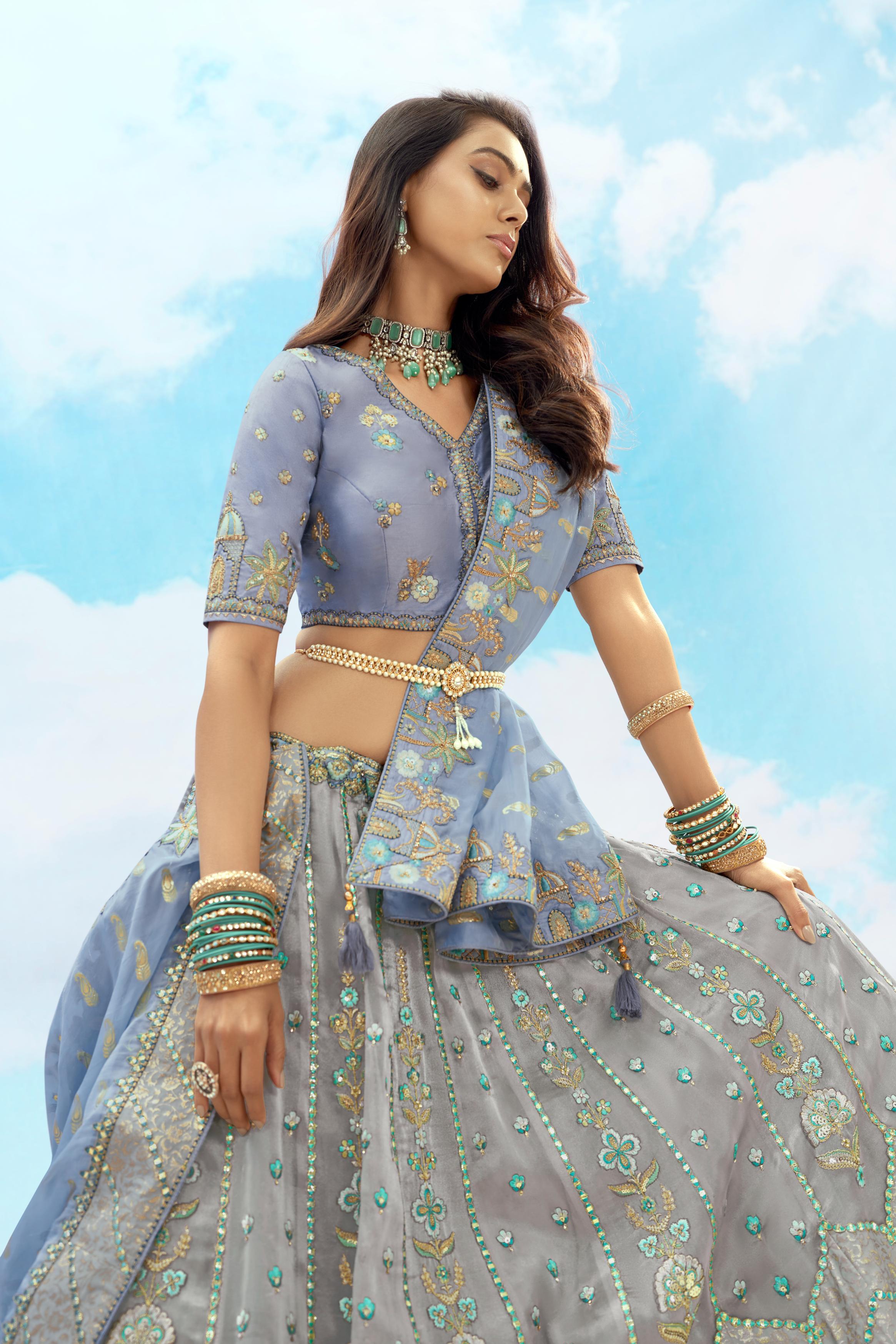 Grey Embellished Premium Tissue Silk Lehenga Set