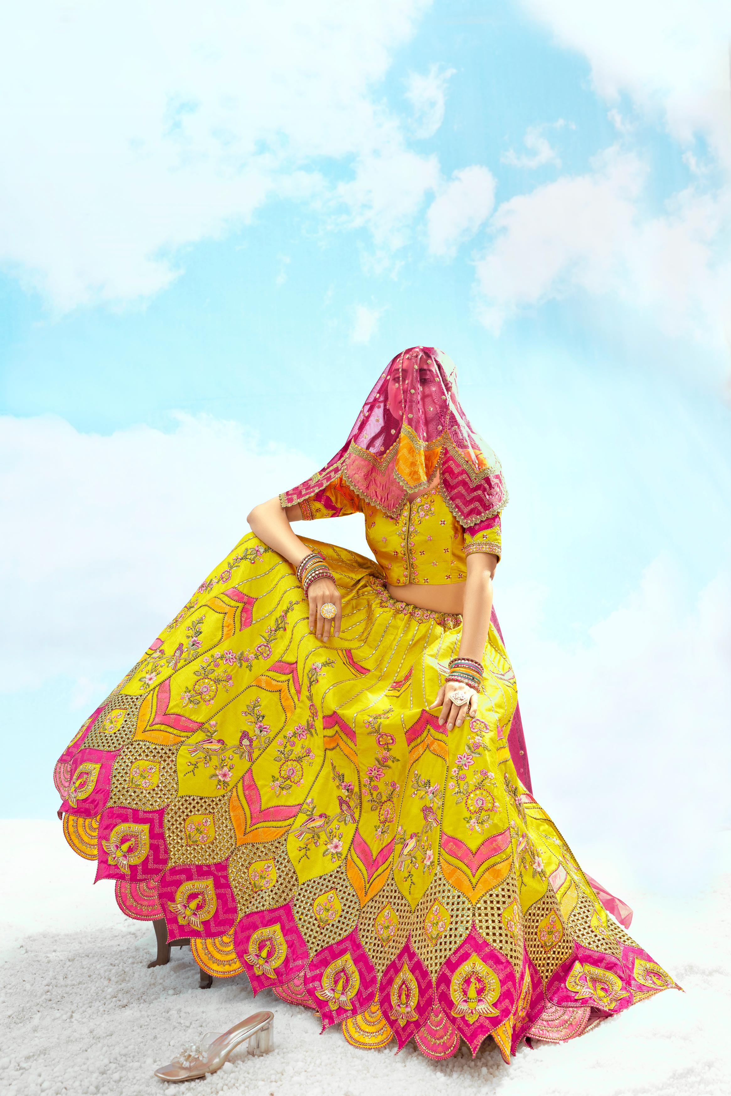 Mustard Multi Yellow Embellished Premium Tissue Silk Lehenga Set