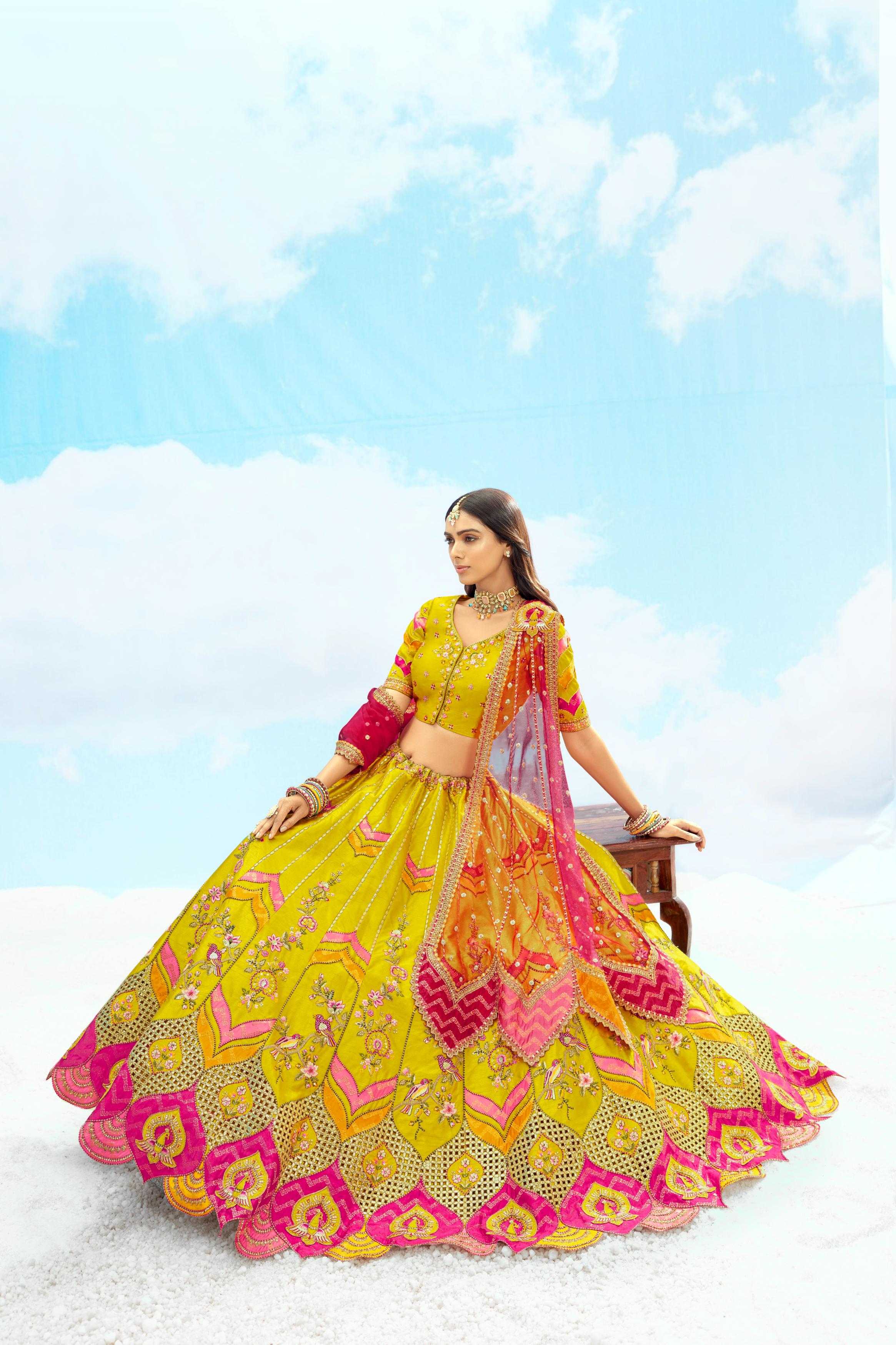 Mustard Multi Yellow Embellished Premium Tissue Silk Lehenga Set