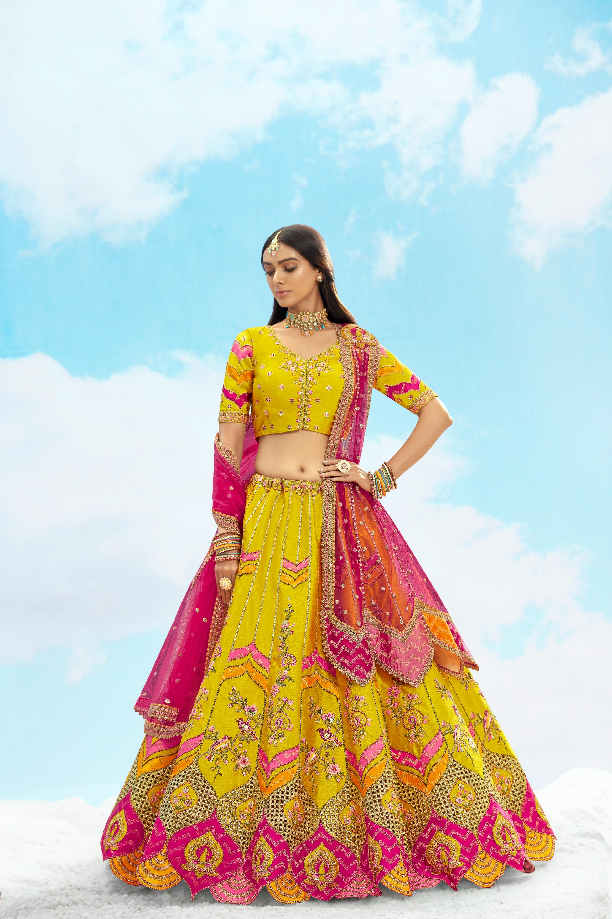 Mustard Multi Yellow Embellished Premium Tissue Silk Lehenga Set