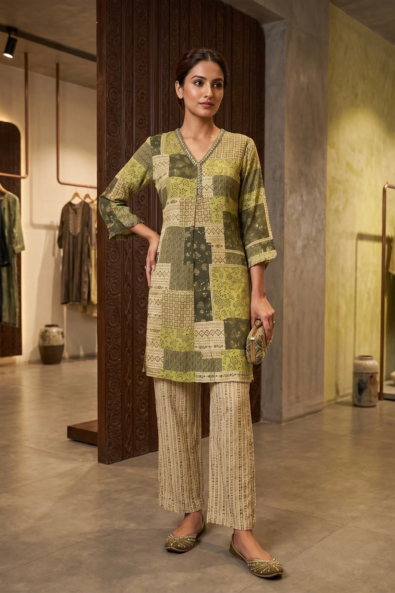 Olive Mist Printed Chinon Silk Kurta Set