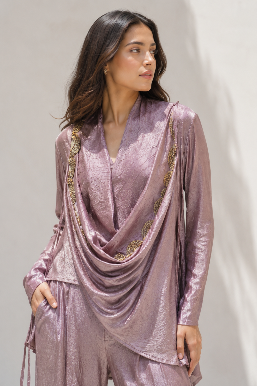 Dusty Lilac Embellished Shimmer Silk Palazzo Set