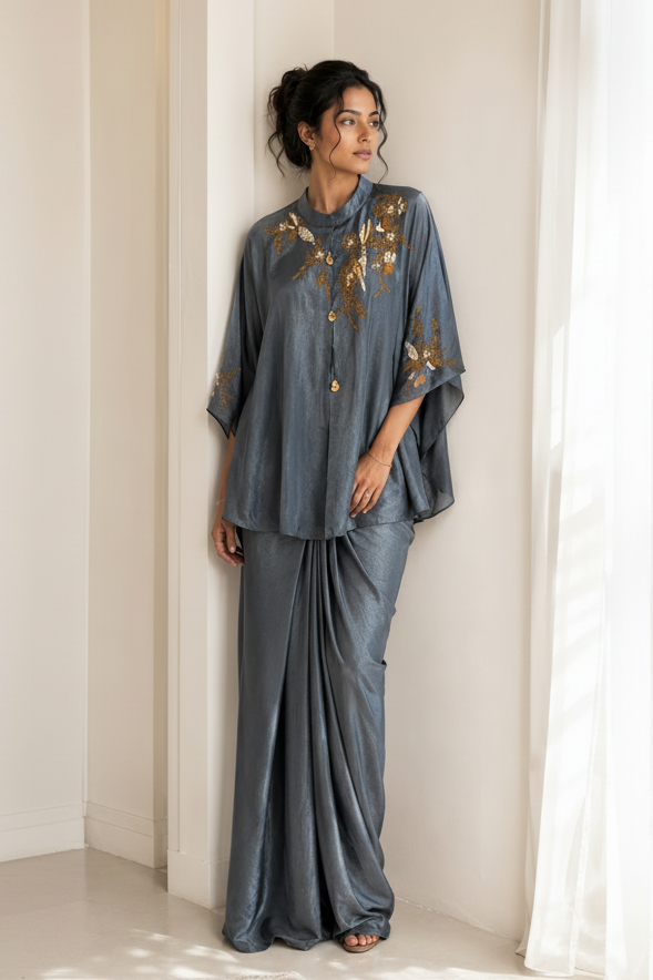 Slate Grey Embellished Premium Silk Skirt Set
