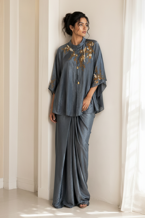Slate Grey Embellished Premium Silk Skirt Set