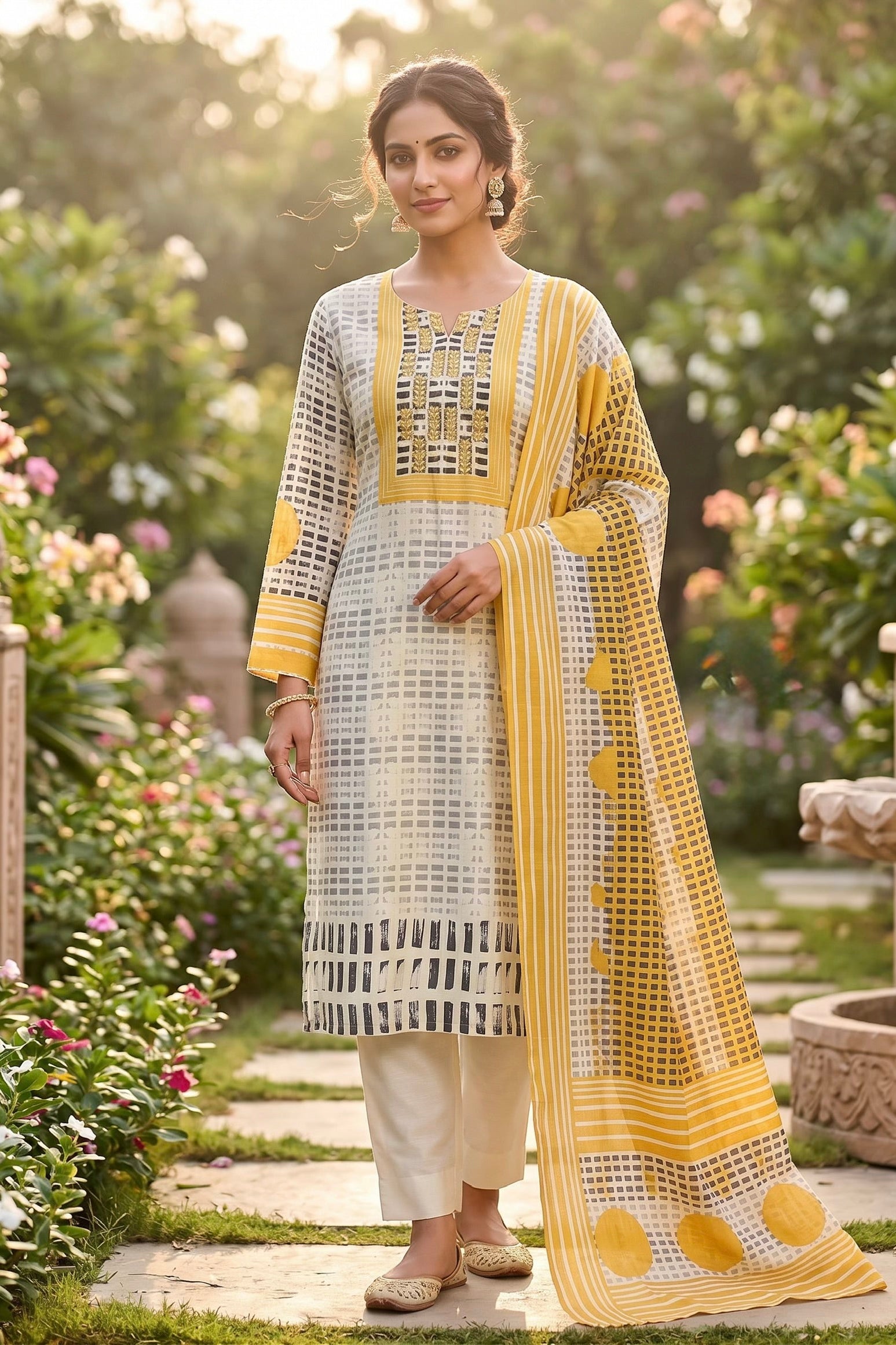 Ochre Grid Printed Dola Silk Pant Set