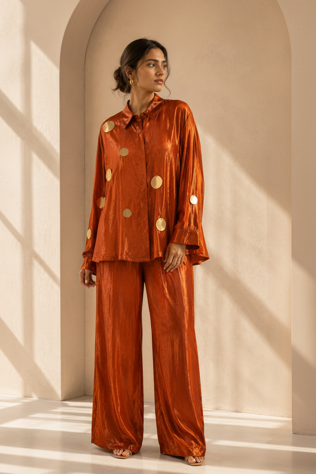 Rust Orange Embellished Shimmer Tissue Silk Co-Ord Set